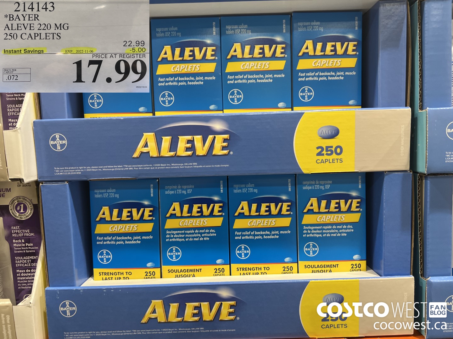 214143 BAYER ALEVE 220 MG 250 CAPLETS ($5.00 INSTANT SAVINGS EXPIRES ON 2022-11-06) $17.99