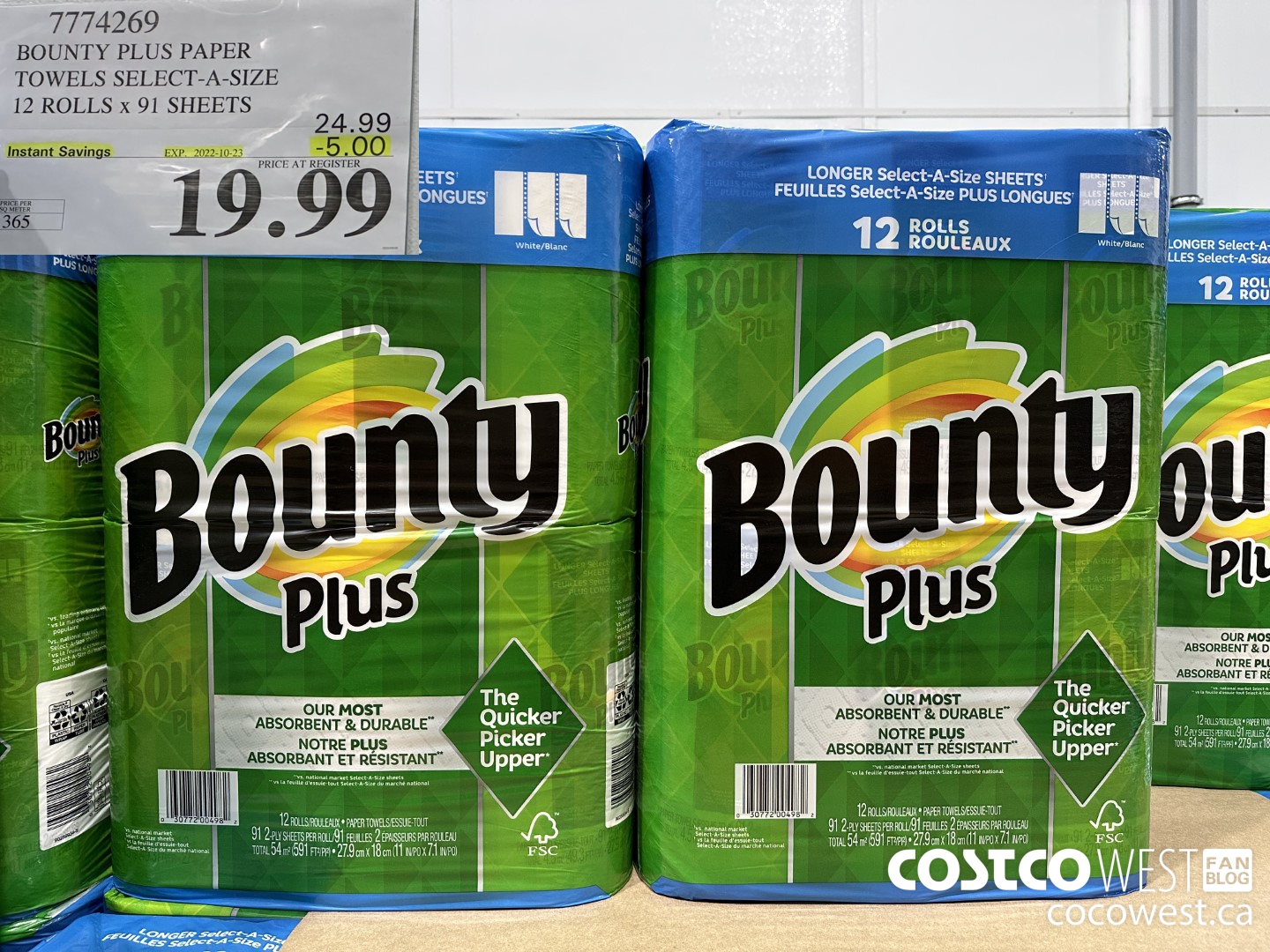 7774269 BOUNTY PLUS PAPER TOWELS SELECT-A-SIZE 12 ROLLS x 91 SHEETS ($5.00 INSTANT SAVINGS EXPIRES ON 2022-10-23) $19.99