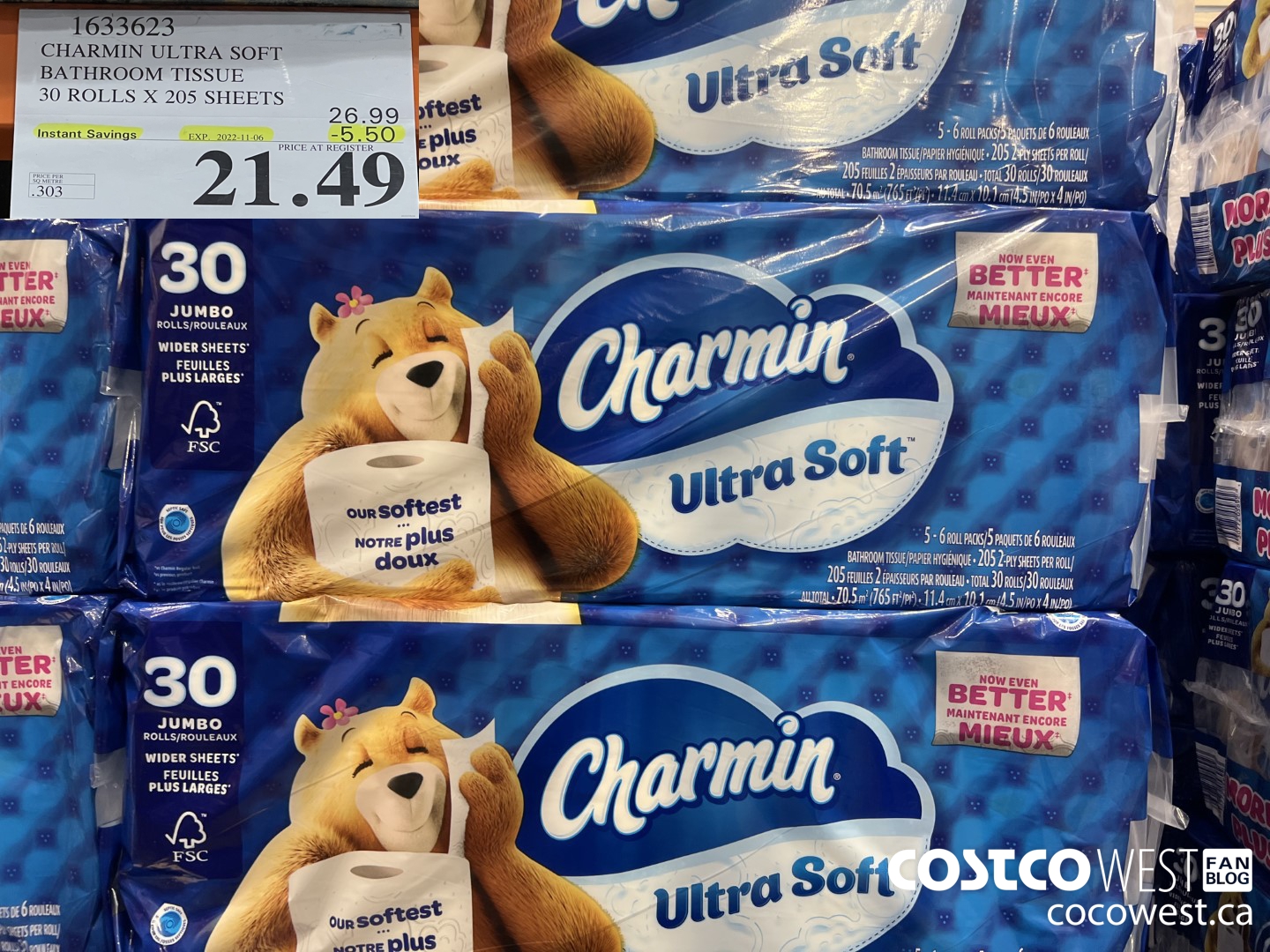 1633623 CHARMIN ULTRA SOFT BATHROOM TISSUE 30 ROLLS X 205 SHEETS ($5.50 INSTANT SAVINGS EXPIRES ON 2022-11-06) $21.49