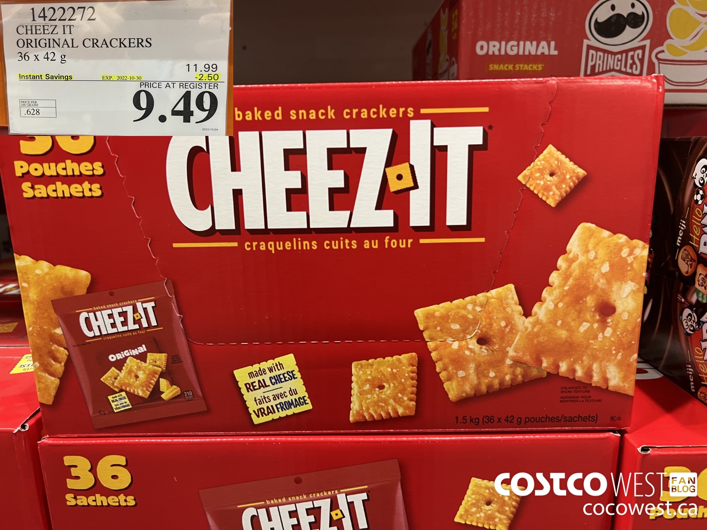 1422272 CHEEZ IT ORIGINAL CRACKERS 36 X 42 G ($2.50 INSTANT SAVINGS EXPIRES ON 2022-10-30) $9.49