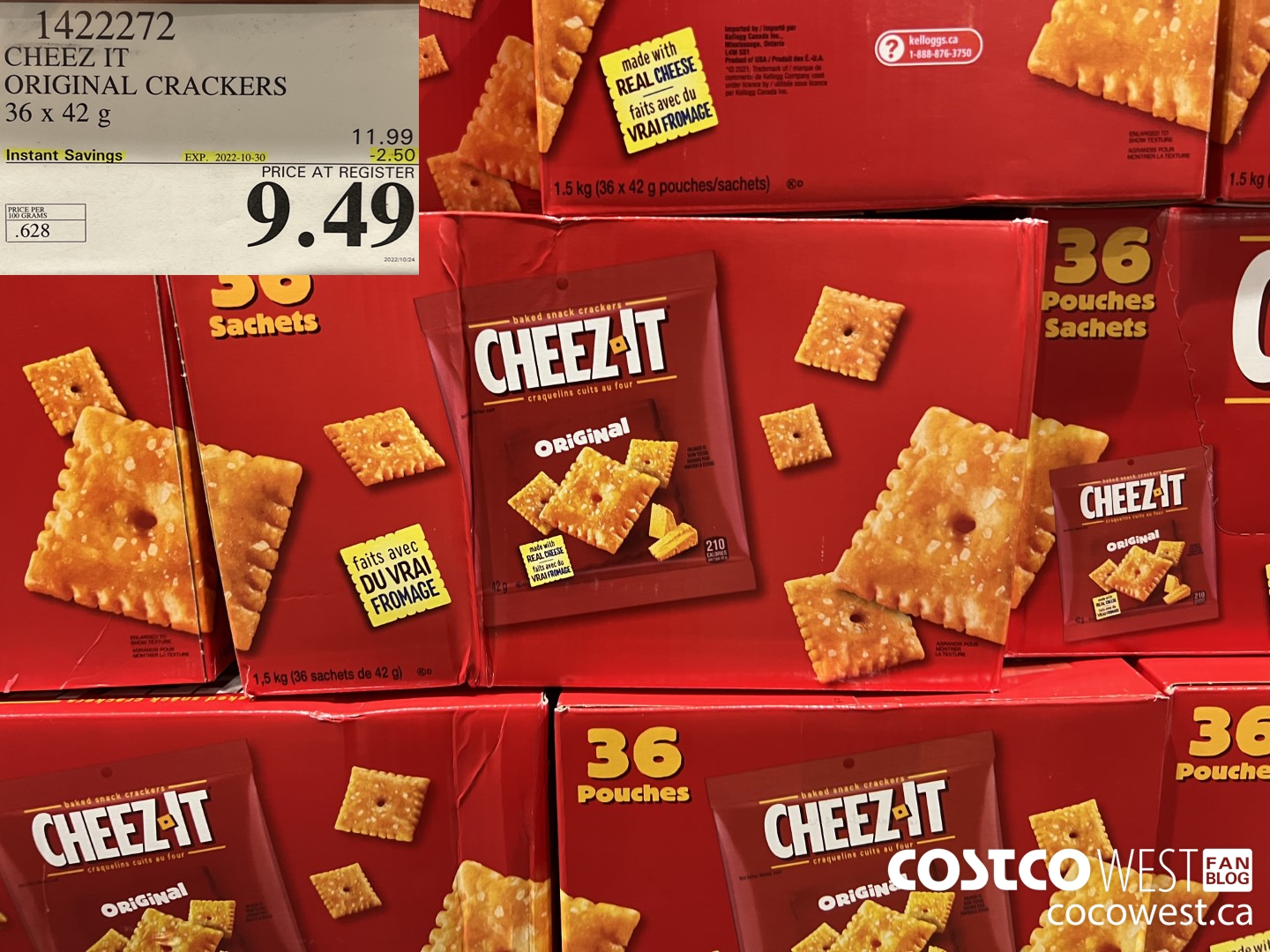 1422272 CHEEZ IT ORIGINAL CRACKERS 36 X 42 G ($2.50 INSTANT SAVINGS EXPIRES ON 2022-10-30) $9.49