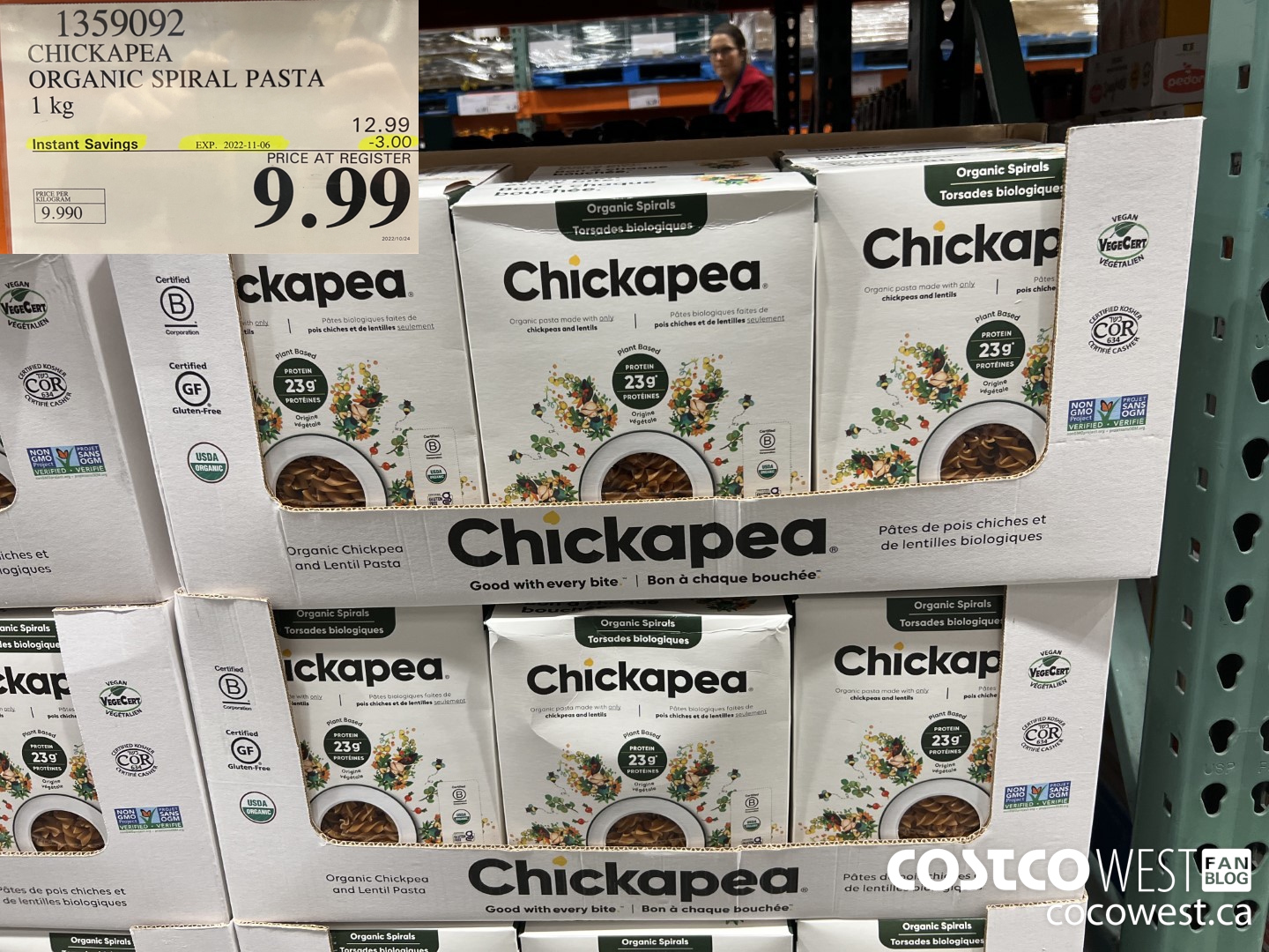 1359092 CHICKAPEA ORGANIC SPIRAL PASTA 1 kg ($3.00 INSTANT SAVINGS EXPIRES ON 2022-11-06) $9.99