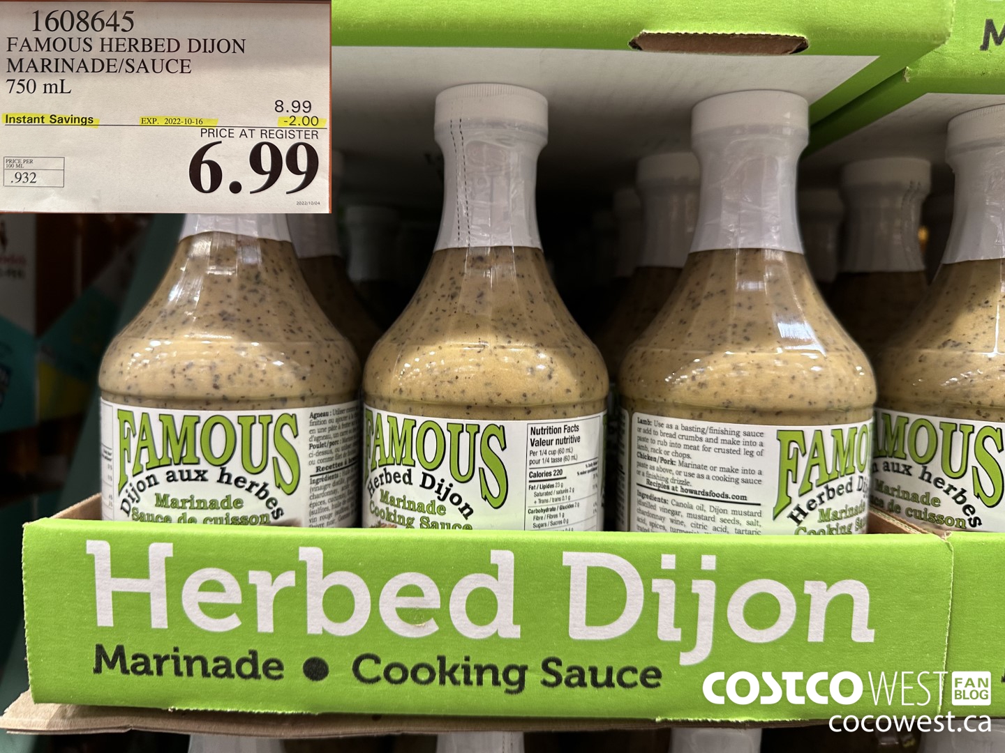 1608645 FAMOUS HERBED DIJON MARINADE/SAUCE 750 ML ($2.00 INSTANT SAVINGS EXPIRES ON 2022-10-16) $6.99