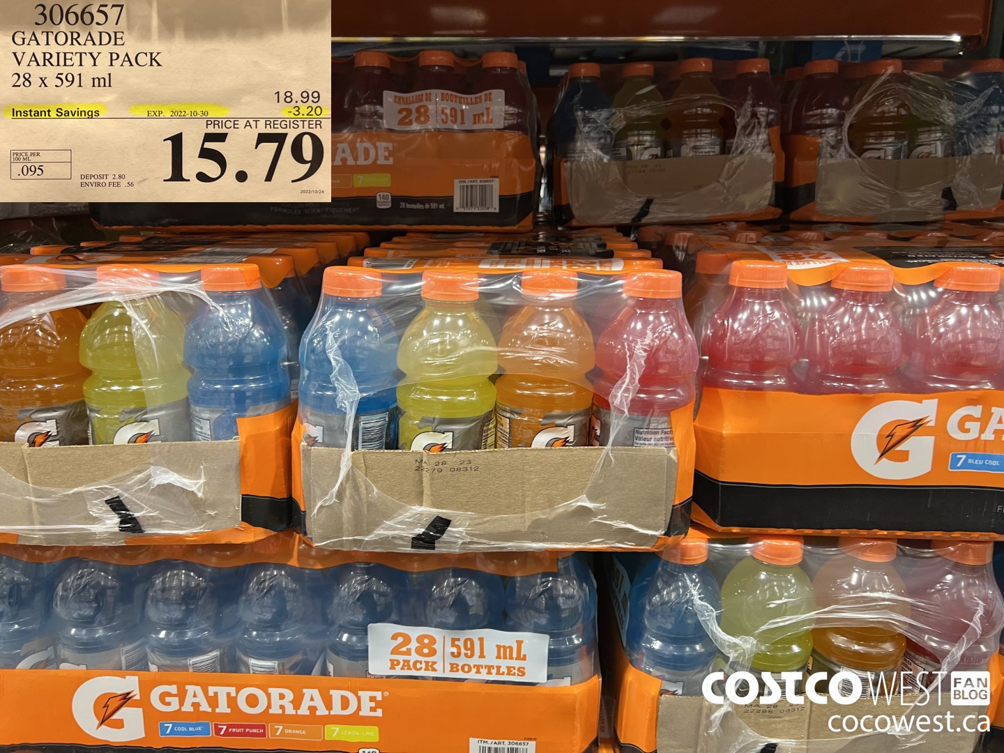 306657 GATORADE VARIETY PACK 28 X 591 ML ($3.20 INSTANT SAVINGS EXPIRES ON 2022-10-30) $15.79