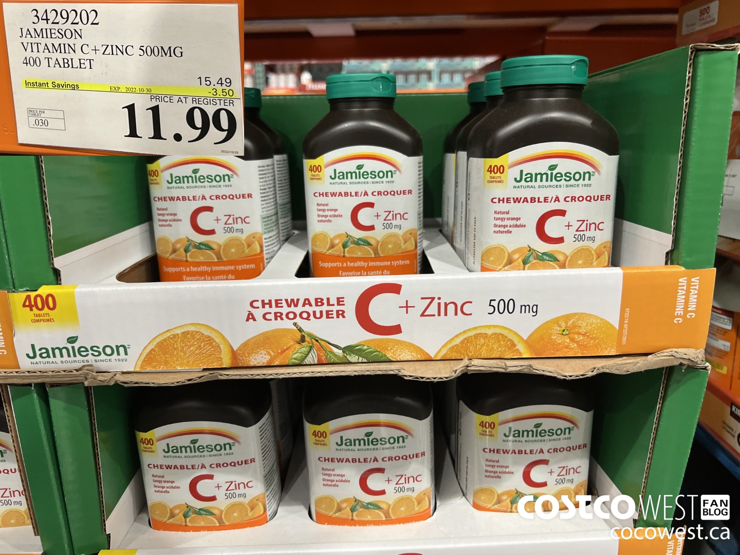 3429202 JAMIESON VITAMIN C+ZINC 500MG 400 TABLET ($3.50 INSTANT SAVINGS EXPIRES ON 2022-10-30) $11.99
