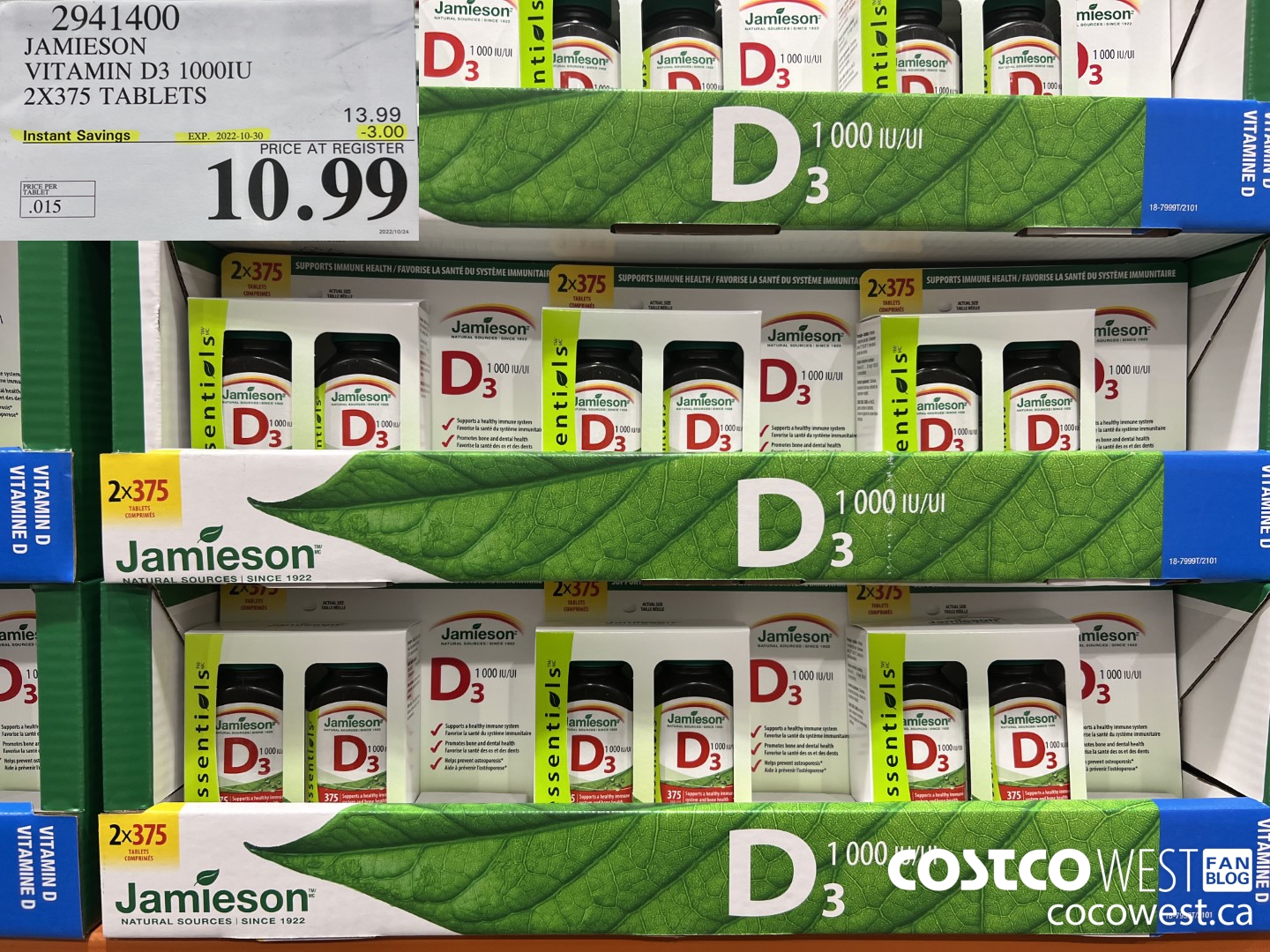 2941400 JAMIESON VITAMIN D3 1000IU 2X375 TABLETS ($3.00 INSTANT SAVINGS EXPIRES ON 2022-10-30) $10.99