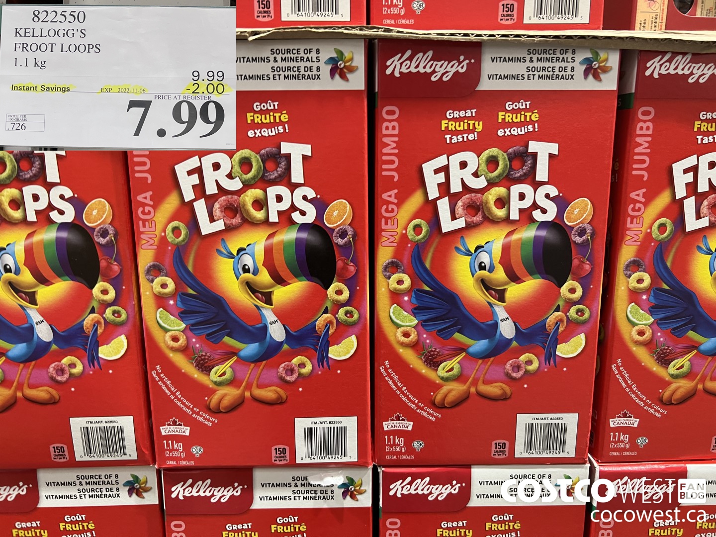 822550 KELLOGGS FROOT LOOPS 1.1 kg ($2.00 INSTANT SAVINGS EXPIRES ON 2022-11-06) $7.99
