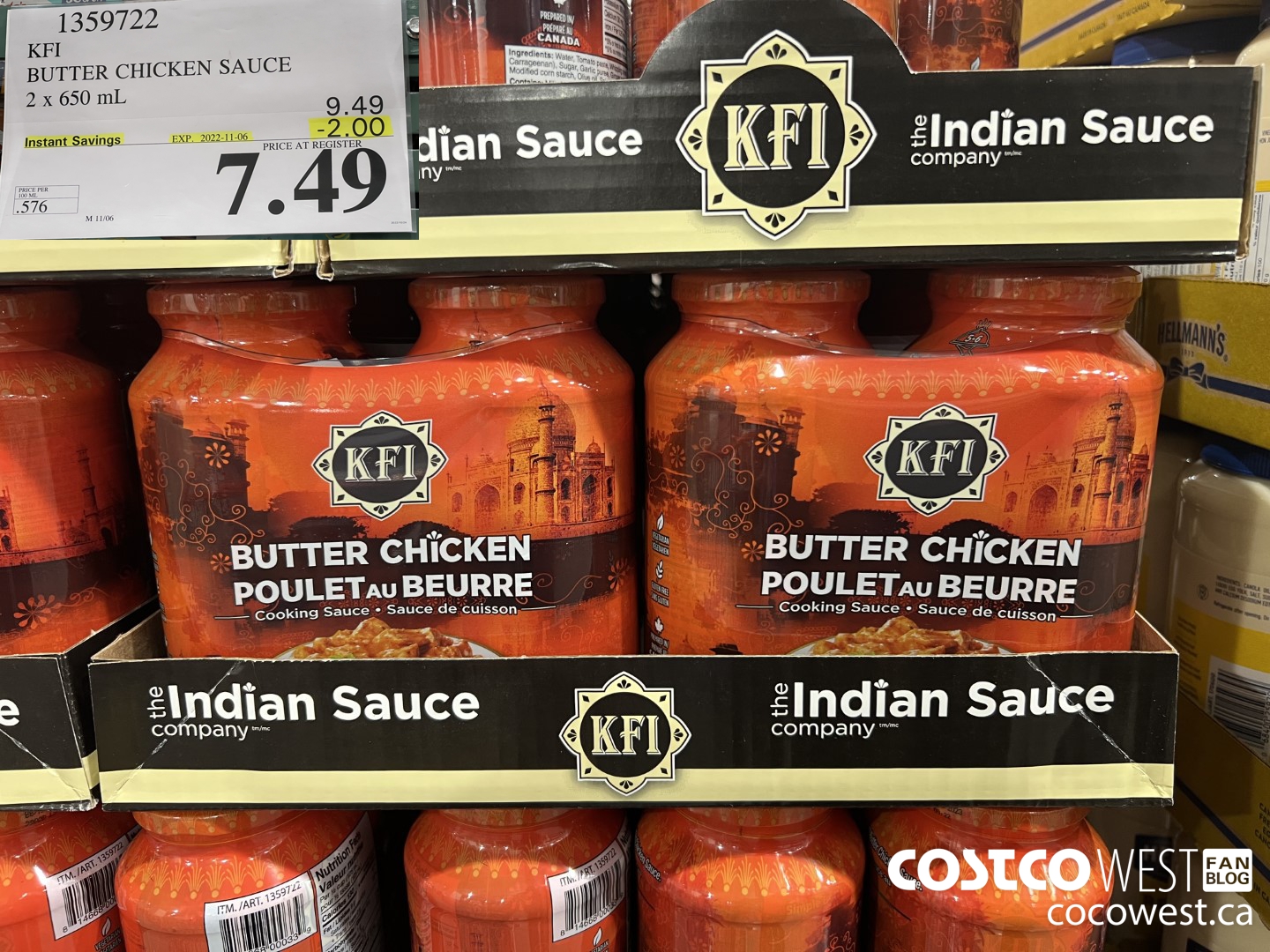 1359722 KFI BUTTER CHICKEN SAUCE 2 x 650 mL ($2.00 INSTANT SAVINGS EXPIRES ON 2022-11-06) $7.49