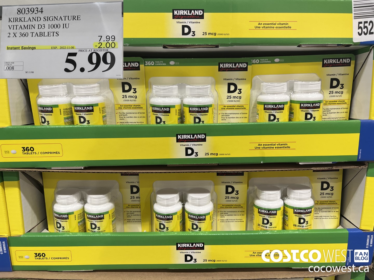 803934 KIRKLAND SIGNATURE VITAMIN D3 1000 IU 2 X 360 TABLETS ($2.00 INSTANT SAVINGS EXPIRES ON 2022-11-06) $5.99