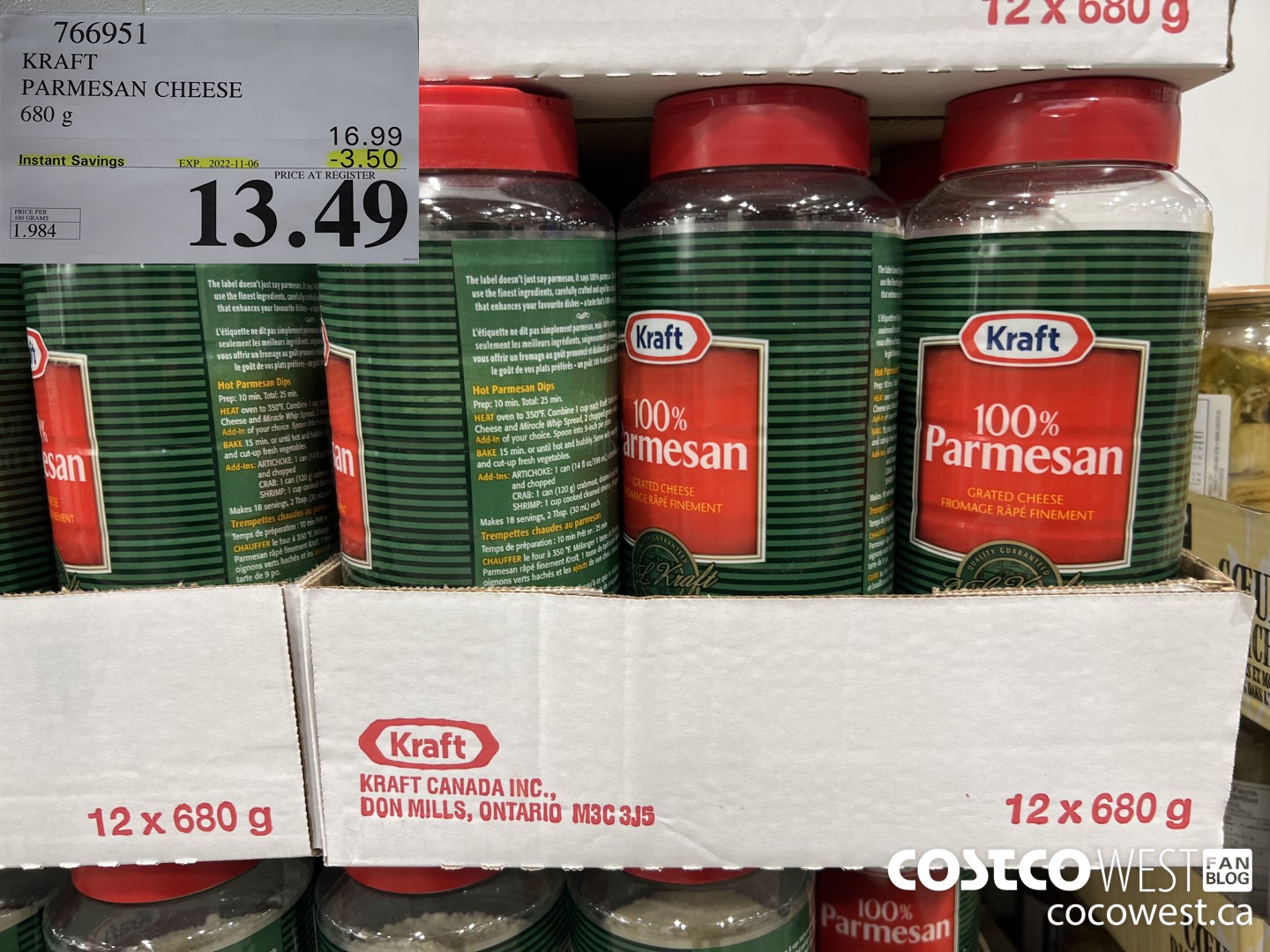766951 KRAFT PARMESAN CHEESE 680 g ($3.50 INSTANT SAVINGS EXPIRES ON 2022-11-06) $13.49