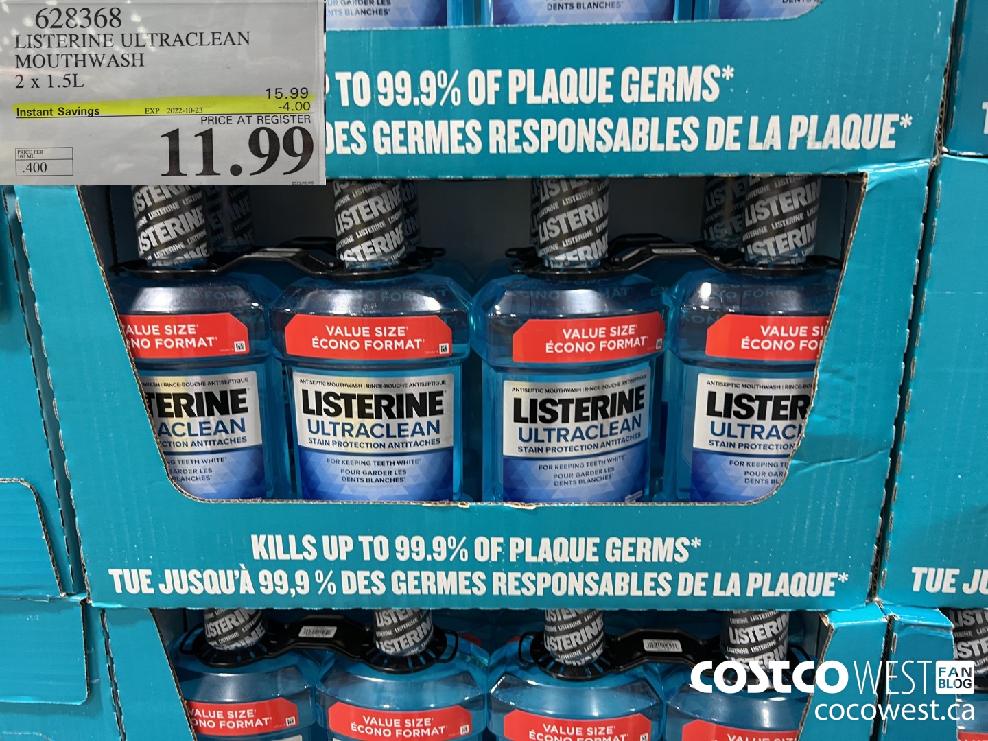 628368 LISTERINE ULTRACLEAN MOUTHWASH 2 X 1.5L ($4.00 INSTANT SAVINGS EXPIRES ON 2022-10-23) $11.99