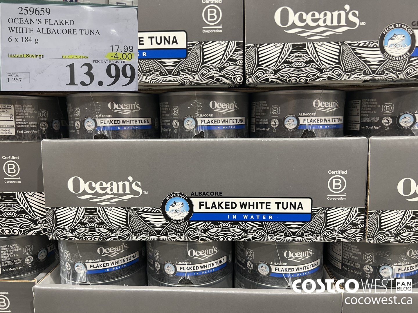 259659 OCEAN'S FLAKED WHITE TUNA 6 x 184 g ($4.00 INSTANT SAVINGS EXPIRES ON 2022-11-06) $13.99