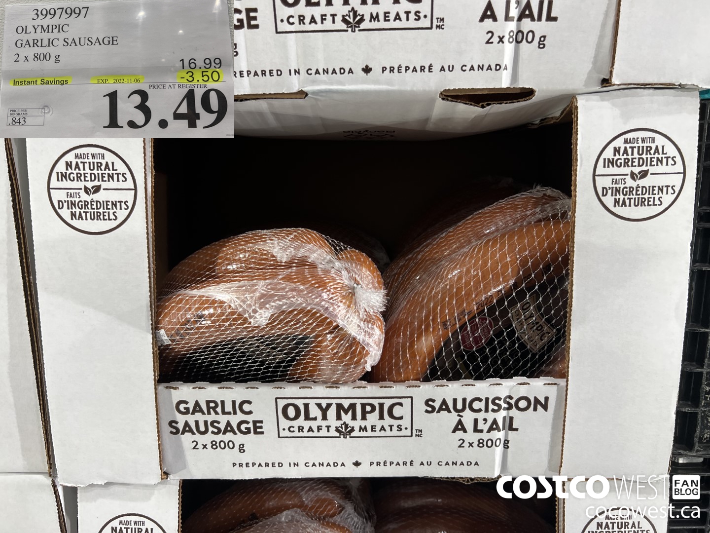 3997997 OLYMPIC GARLIC SAUSAGE 2 x 800 g ($3.50 INSTANT SAVINGS EXPIRES ON 2022-11-06) $13.49