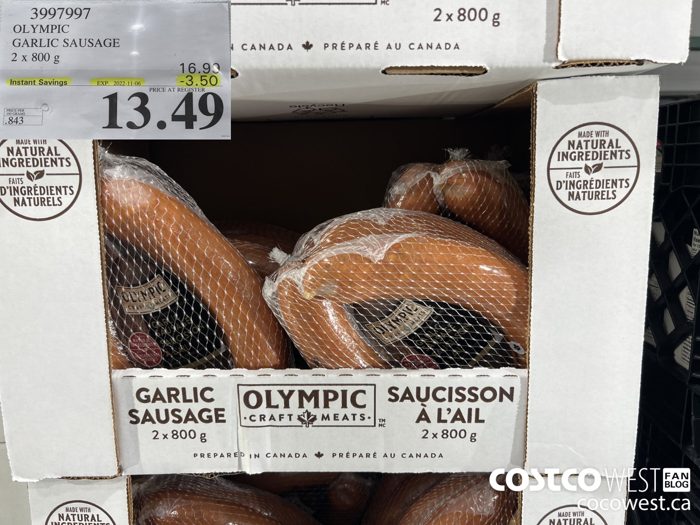 3997997 OLYMPIC GARLIC SAUSAGE 2 x 800 g ($3.50 INSTANT SAVINGS EXPIRES ON 2022-11-06) $13.49