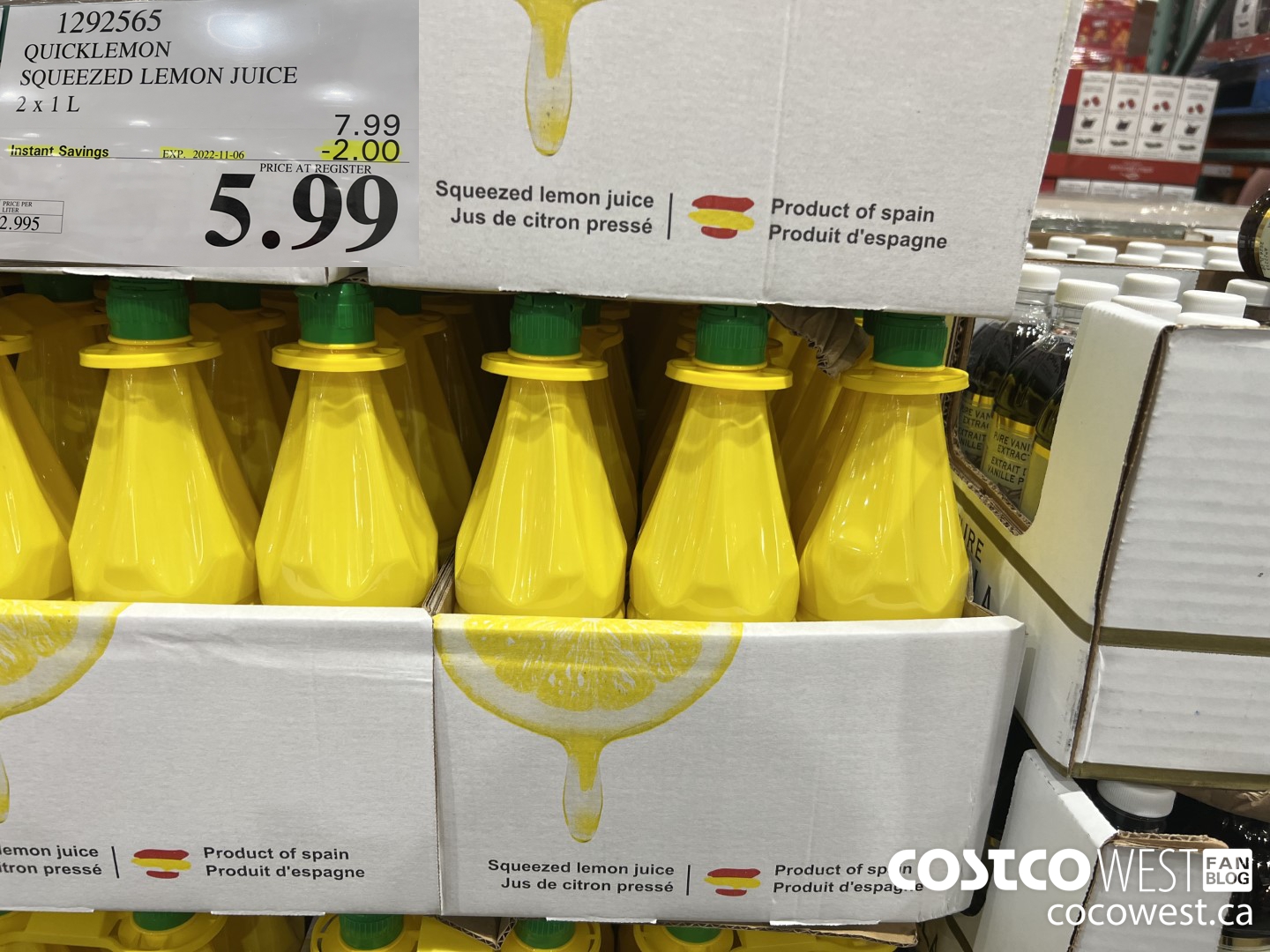 1292565 QUICKLEMON SQUEEZED LEMON JUICE 2 X 1L ($2.00 INSTANT SAVINGS EXPIRES ON 2022-11-06) $5.99