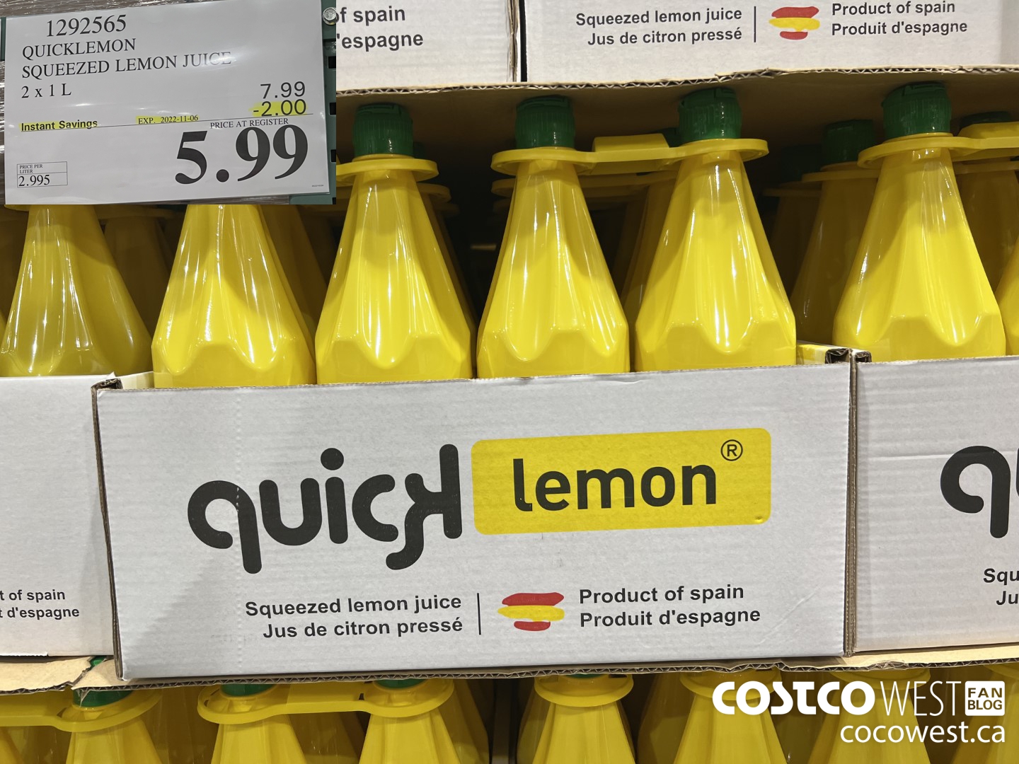 1292565 QUICKLEMON SQUEEZED LEMON JUICE 2 X 1L ($2.00 INSTANT SAVINGS EXPIRES ON 2022-11-06) $5.99