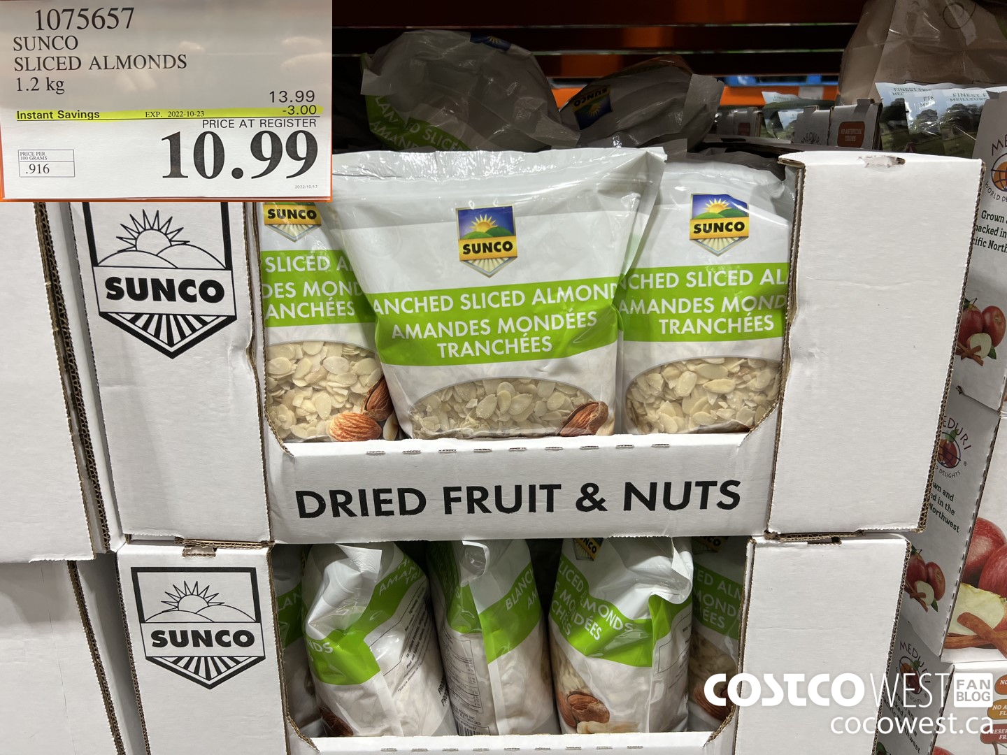 1075657 SUNCO SLICED ALMONDS 1.2 kg  ($3.00 INSTANT SAVINGS EXPIRES ON 2022-10-23) $10.99