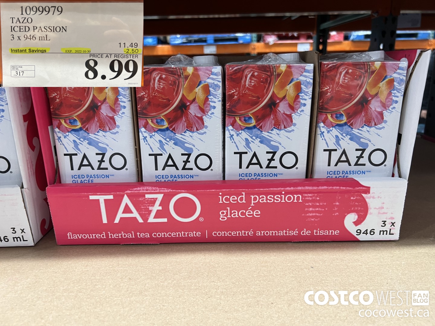 1099979 TAZO ICED PASSION 3 x 946 mL ($2.50 INSTANT SAVINGS EXPIRES ON 2022-10-30) $8.99