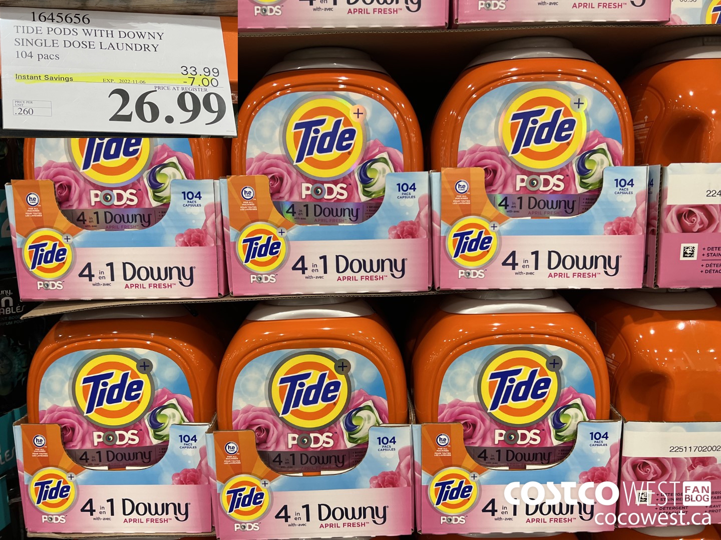 1645656 TIDE PODS WITH DOWNY SINGLE DOSE LAUNDRY 104 PACS ($7.00 INSTANT SAVINGS EXPIRES ON 2022-11-06) $26.99