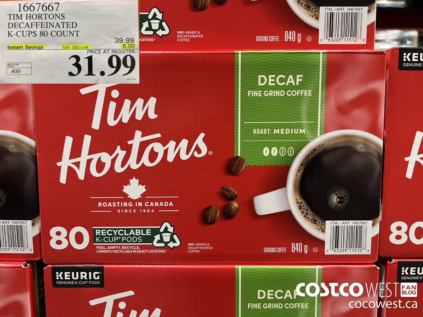 1667667 TIM HORTONS DECAFFEINATED K-CUPS 80 COUNT ($8.00 INSTANT SAVINGS EXPIRES ON 2022-11-06) $31.99