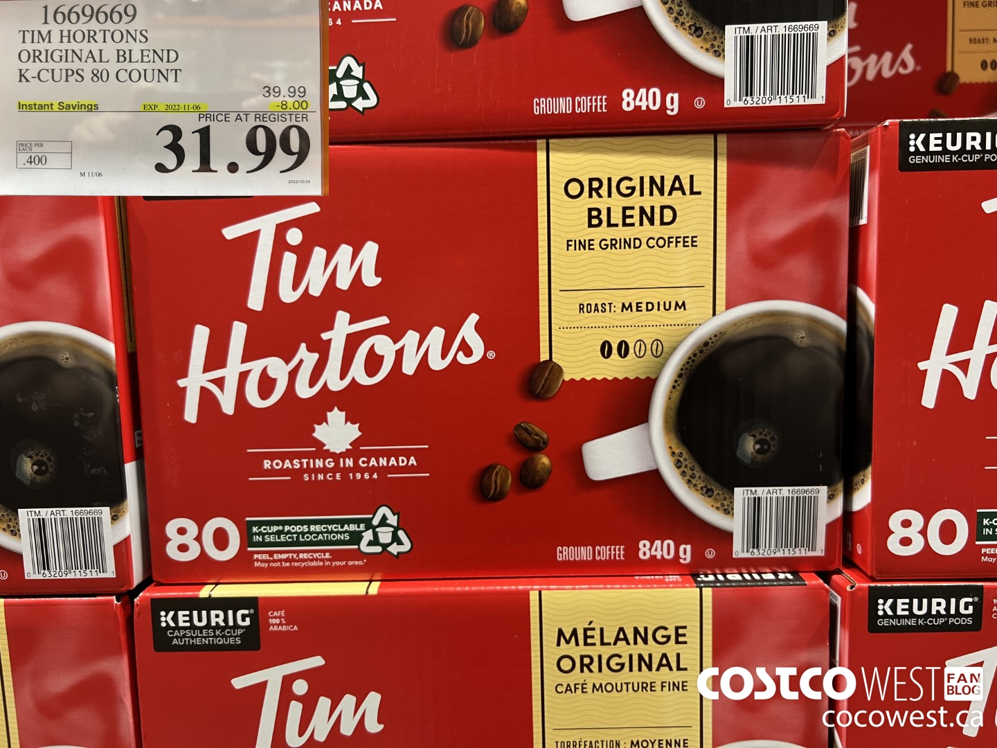 1669669 TIM HORTONS ORIGINAL BLEND K-CUPS 80 COUNT ($8.00 INSTANT SAVINGS EXPIRES ON 2022-11-06) $31.99