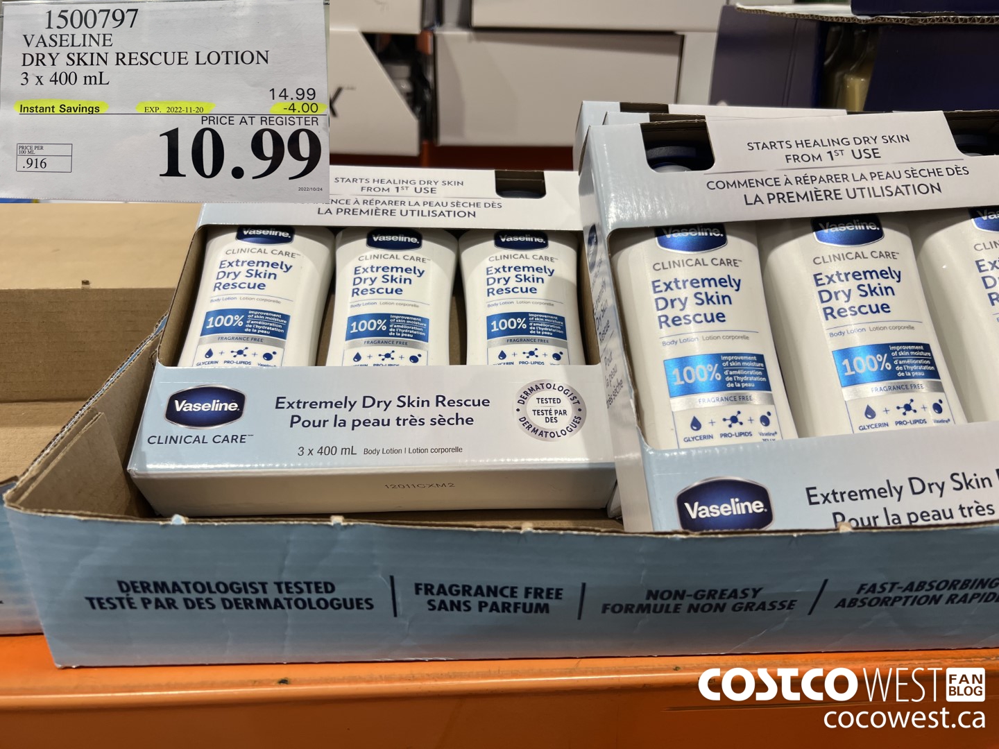 1500797 VASELINE DRY SKIN RESCUE LOTION 3 x 400 mL ($4.00 INSTANT SAVINGS EXPIRES ON 2022-11-20) $10.99