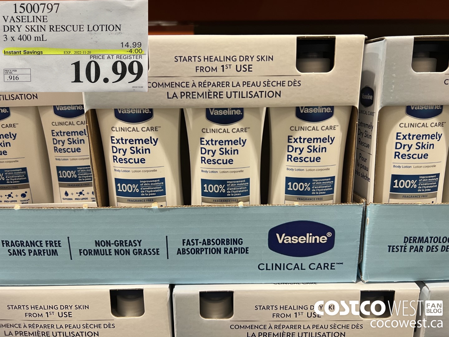 1500797 VASELINE DRY SKIN RESCUE LOTION 3 x 400 mL ($4.00 INSTANT SAVINGS EXPIRES ON 2022-11-20) $10.99
