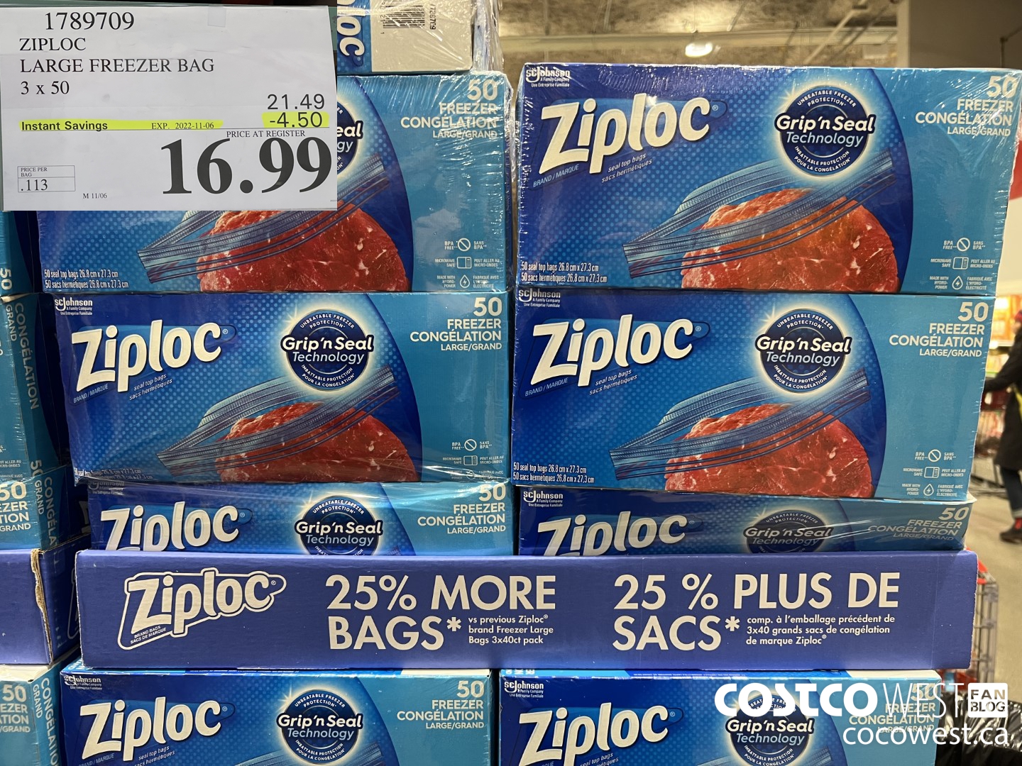 1789709 ZIPLOC LARGE FREEZER BAG 3 X 50 ($4.50 INSTANT SAVINGS EXPIRES ON 2022-11-06) $16.99