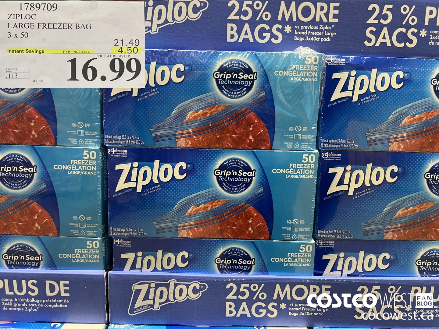 1789709 ZIPLOC LARGE FREEZER BAG 3 X 50 ($4.50 INSTANT SAVINGS EXPIRES ON 2022-11-06) $16.99