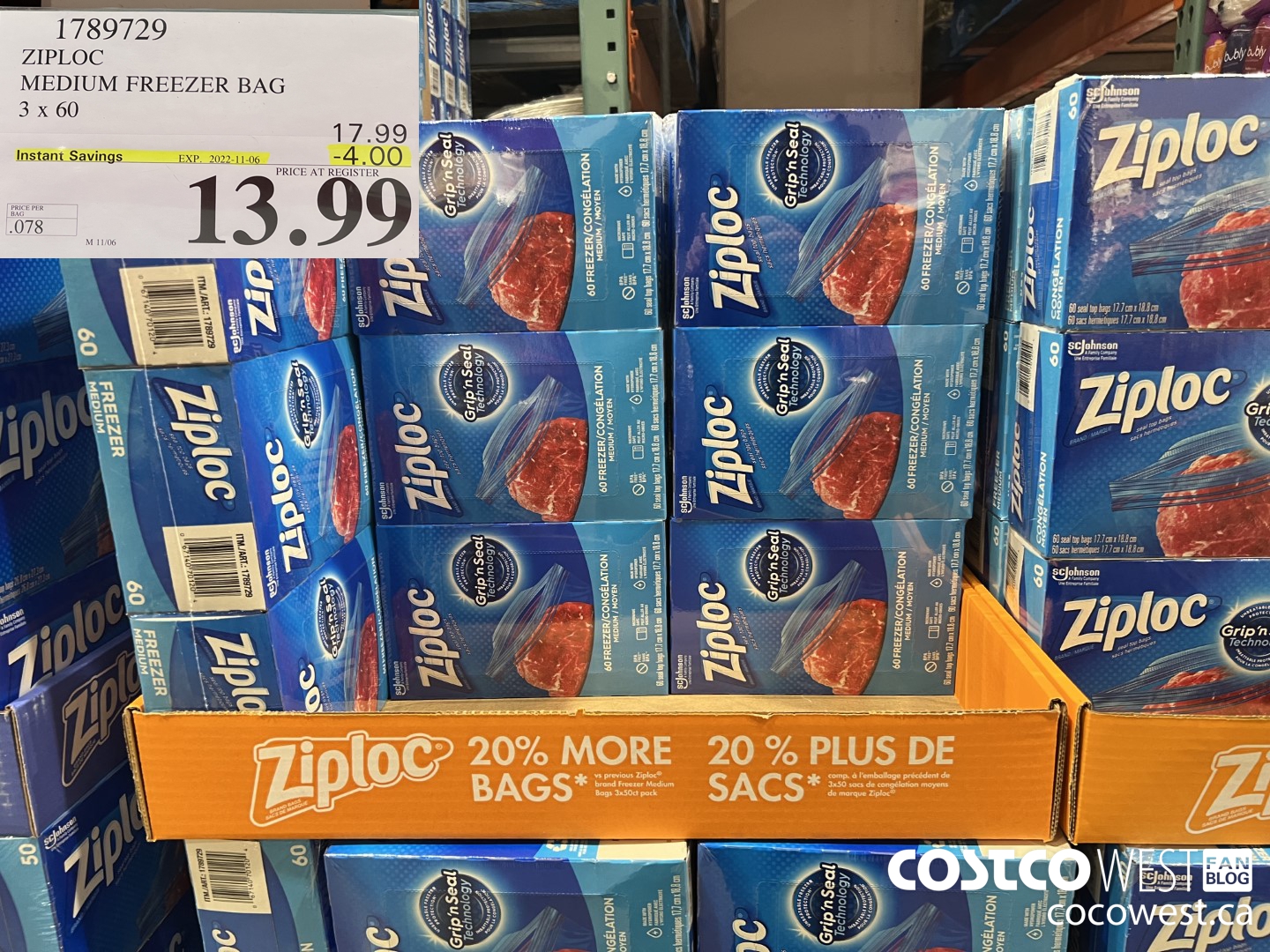 1789729 ZIPLOC MEDIUM FREEZER BAG 3 x 60 ($4.00 INSTANT SAVINGS EXPIRES ON 2022-11-06) $13.99