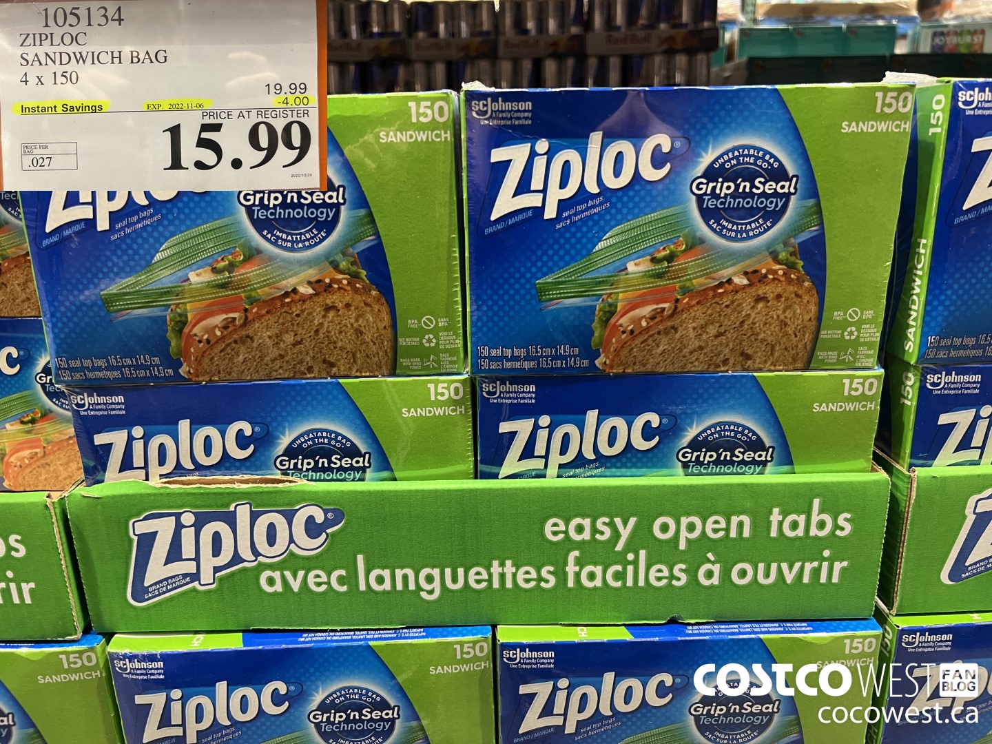 105134 ZIPLOC SANDWICH BAG 4 X 150 ($4.00 INSTANT SAVINGS EXPIRES ON 2022-11-06) $15.99