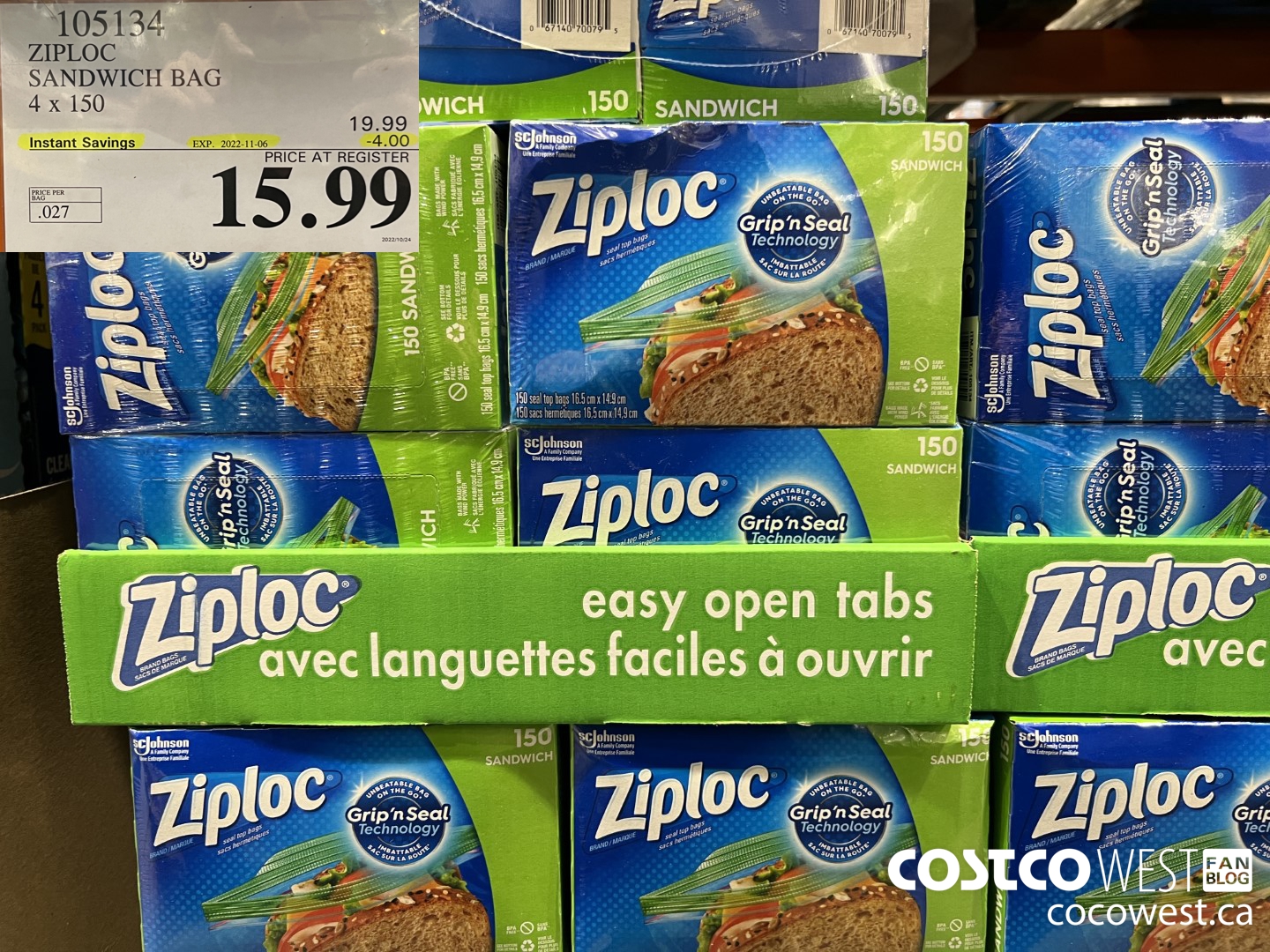 105134 ZIPLOC SANDWICH BAG 4 X 150 ($4.00 INSTANT SAVINGS EXPIRES ON 2022-11-06) $15.99