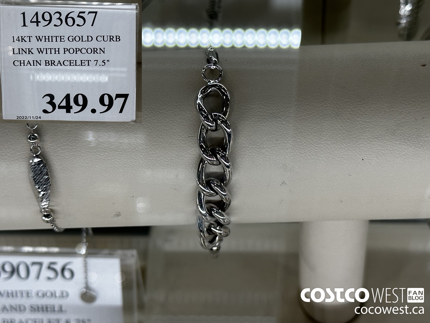 1493657 14KT WHITE GOLD CURB LINK WITH POPCORN CHAIN BRACELET 7.5