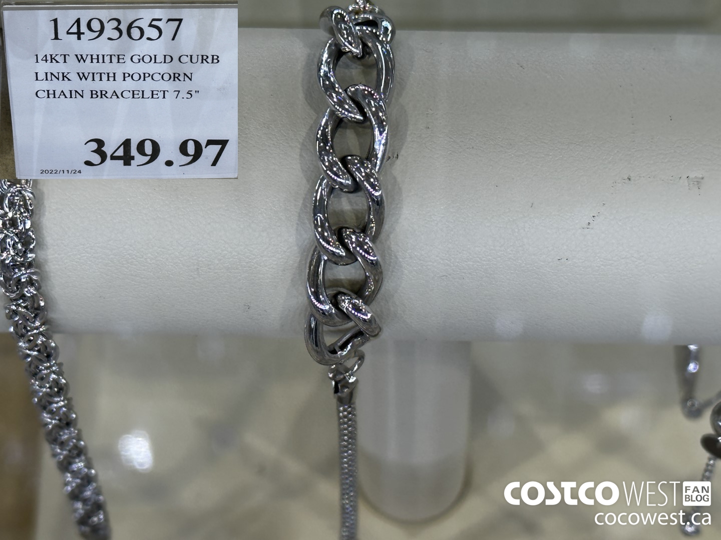 1493657 14KT WHITE GOLD CURB LINK WITH POPCORN CHAIN BRACELET 7.5