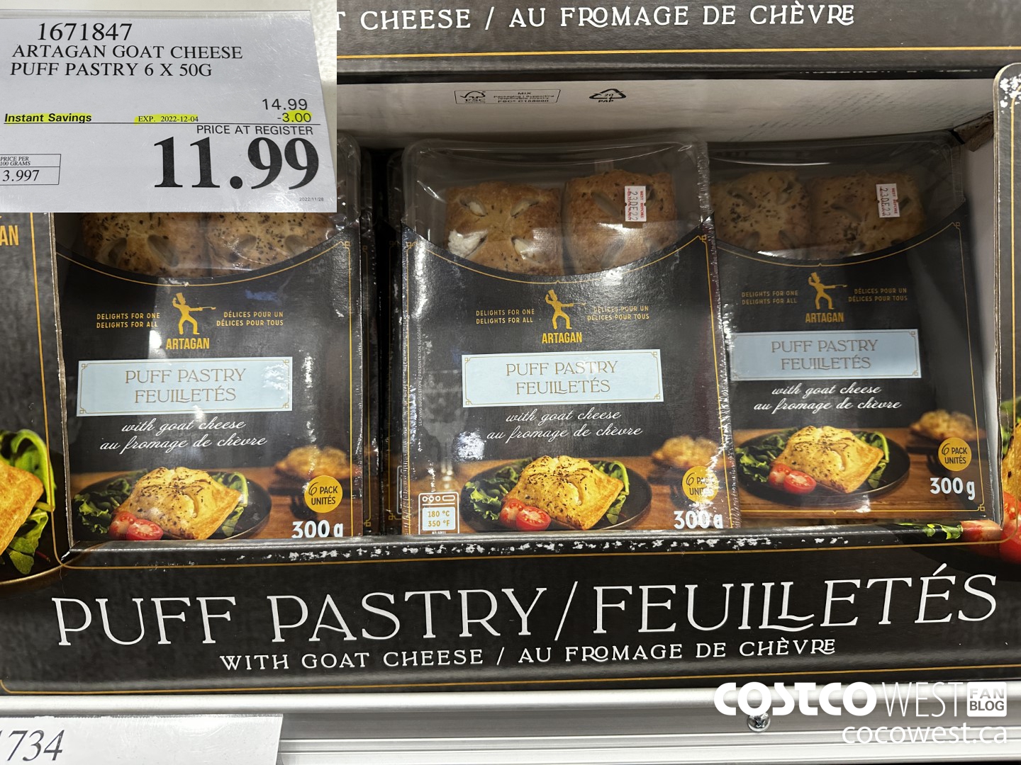 1671847 ARTAGAN GOAT CHEESE PUFF PASTRY 6 X 50G ($3.00 INSTANT SAVINGS EXPIRES ON 2022-12-04) $11.99