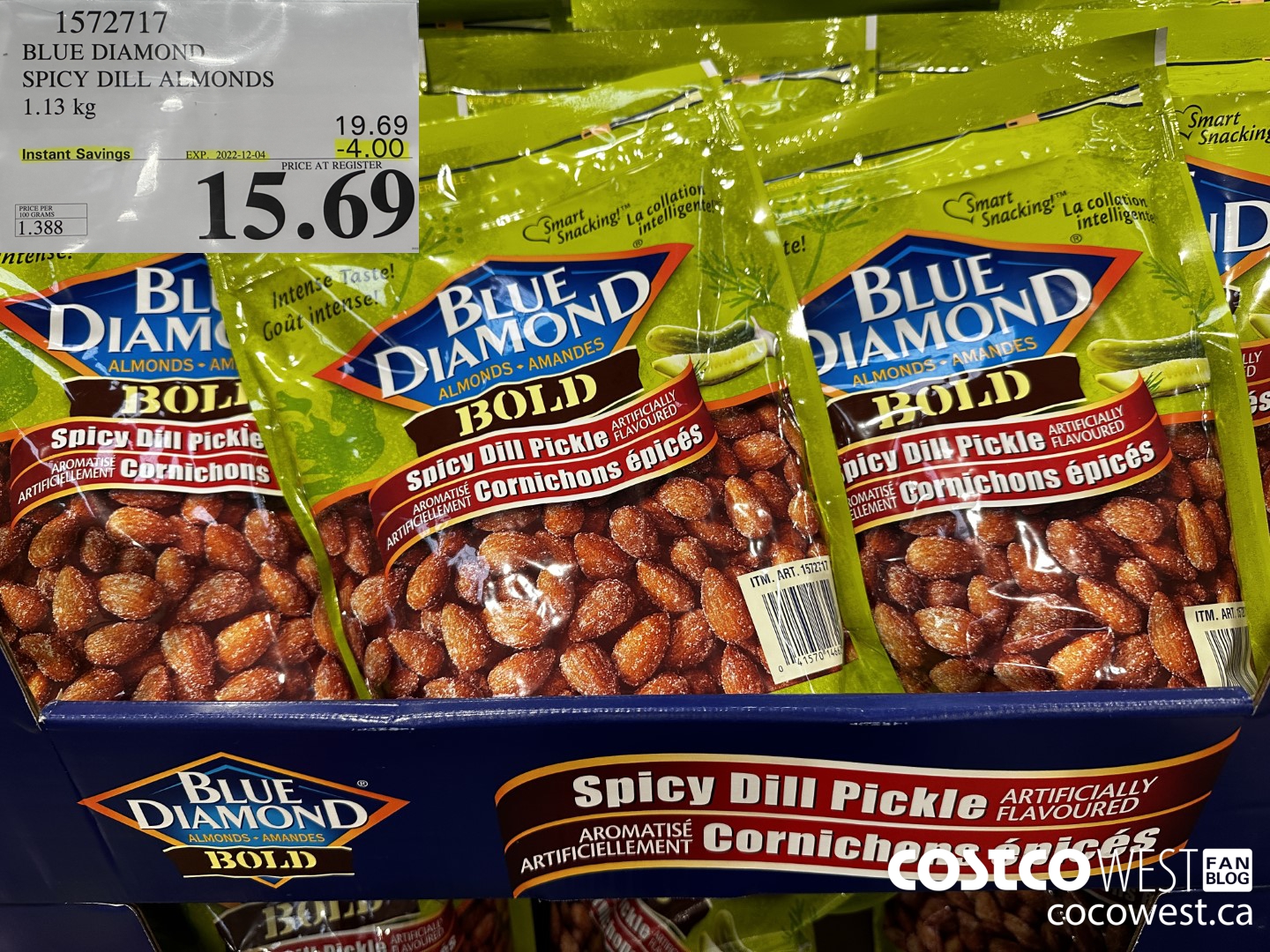 1572717 BLUE DIAMOND SPICY DILL ALMONDS 1.13 kg  ($4.00 INSTANT SAVINGS EXPIRES ON 2022-12-04) $15.69