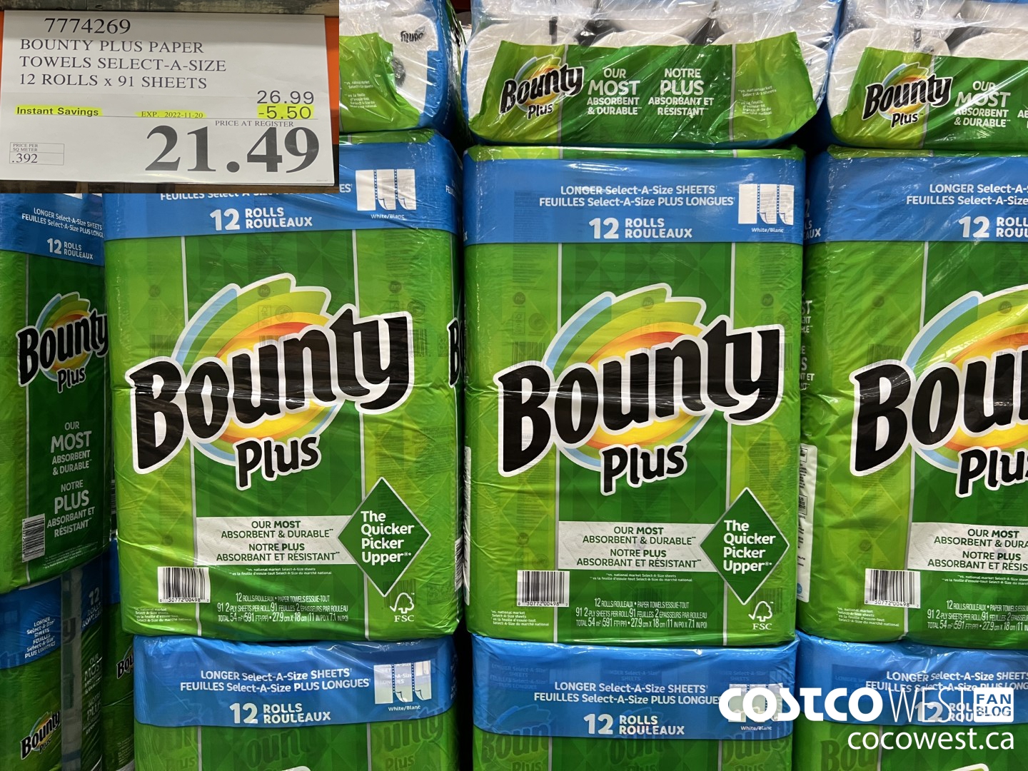 7774269 BOUNTY PLUS PAPER TOWELS SELECT-A-SIZE 12 ROLLS x 91 SHEETS ($5.50 INSTANT SAVINGS EXPIRES ON 2022-11-20) $21.49