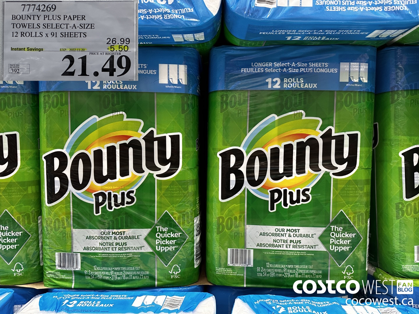 7774269 BOUNTY PLUS PAPER TOWELS SELECT-A-SIZE 12 ROLLS x 91 SHEETS ($5.50 INSTANT SAVINGS EXPIRES ON 2022-11-20) $21.49