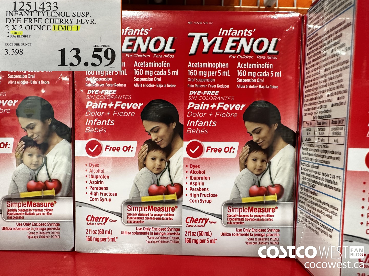 1251433 INFANT TYLENOL SUSP. DYE FREE CHERRY FLVR. 2 X 2 OUNCE $13.59