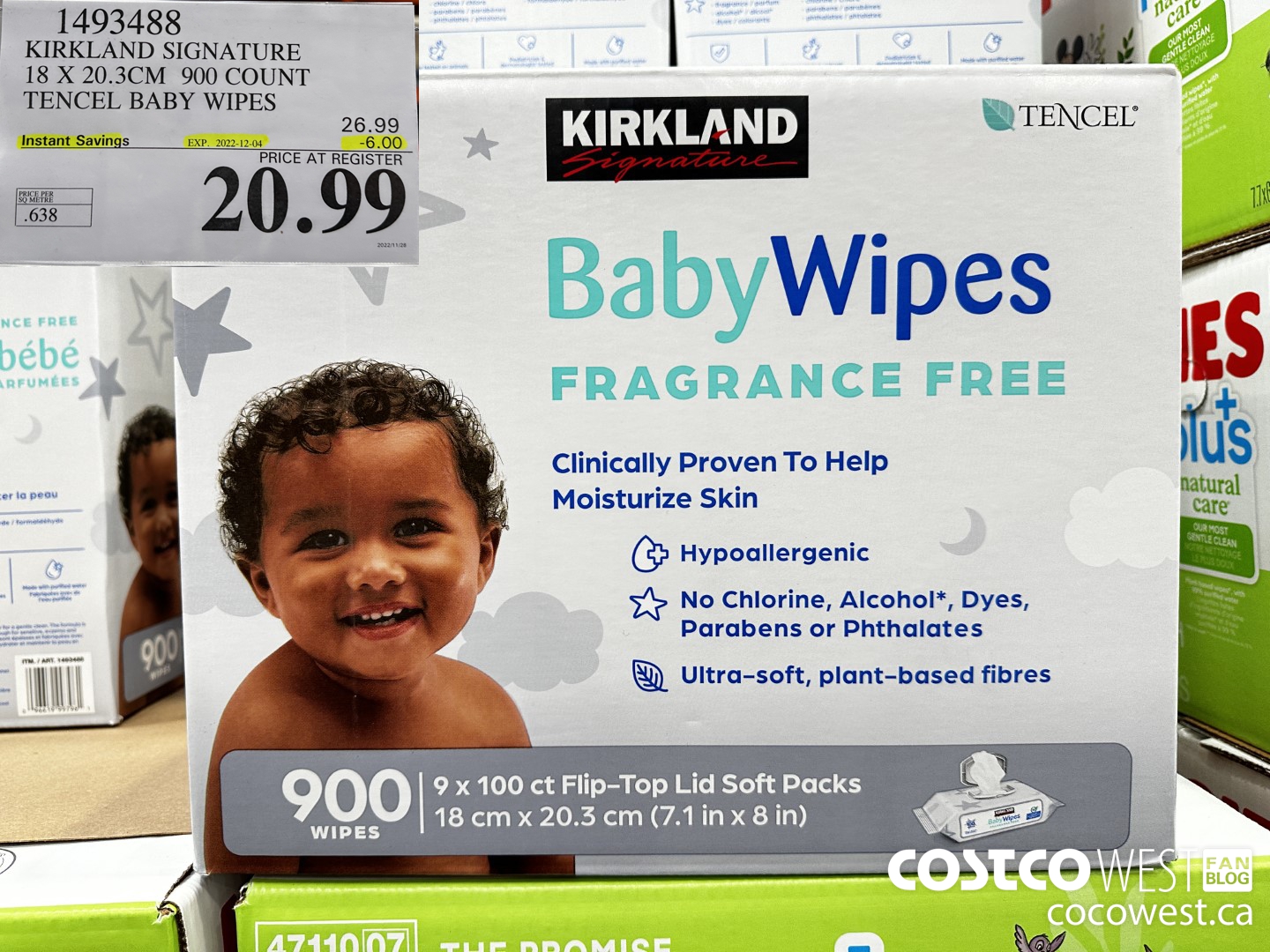 1493488 KIRKLAND SIGNATURE 18 X 20.3 CM 900 COUNT TENCEL BABY WIPES ($6.00 INSTANT SAVINGS EXPIRES ON 2022-12-04) $20.99