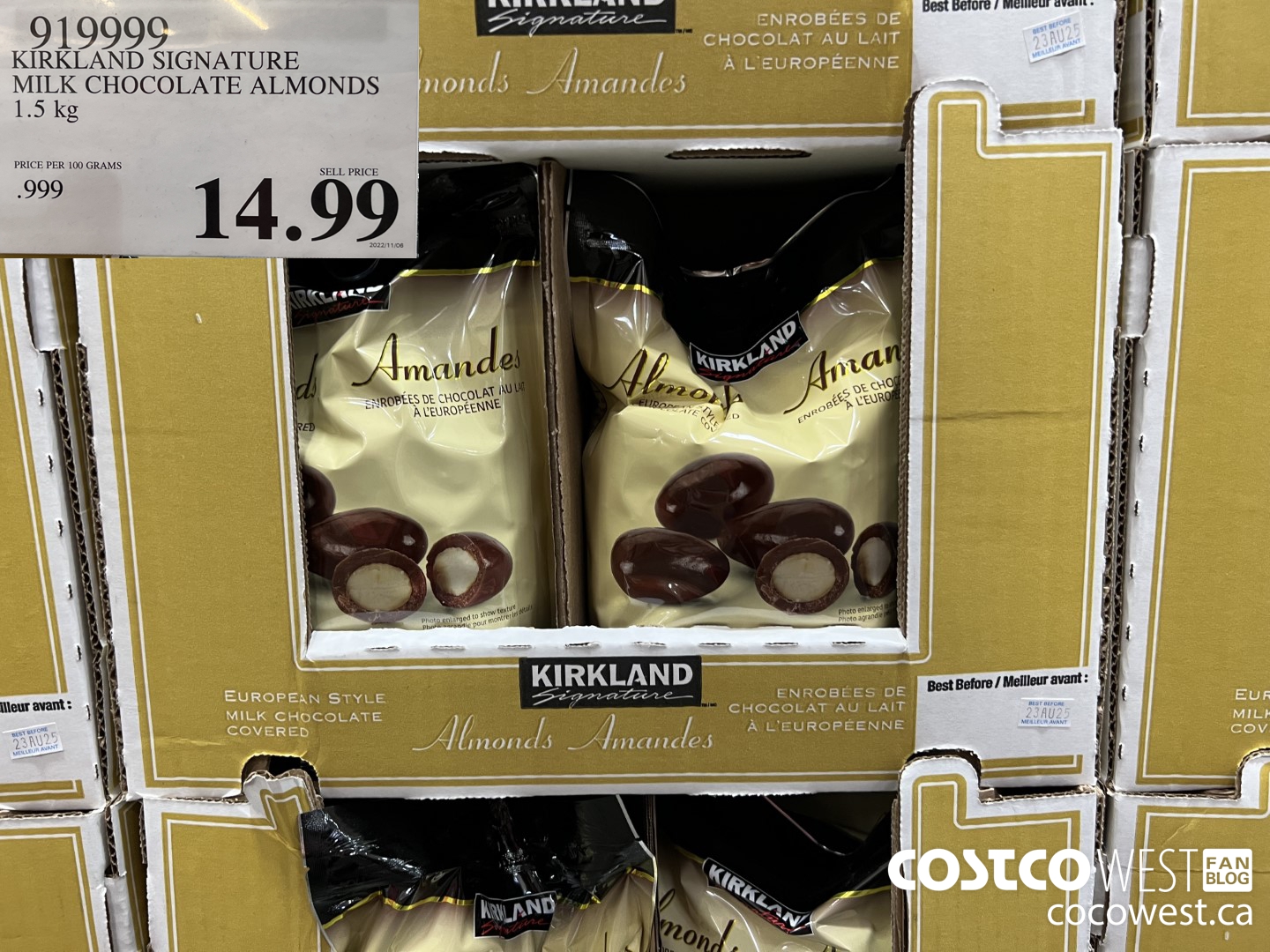 919999 KIRKLAND SIGNATURE MILK CHOCOLATE ALMONDS 1.5KG $14.99