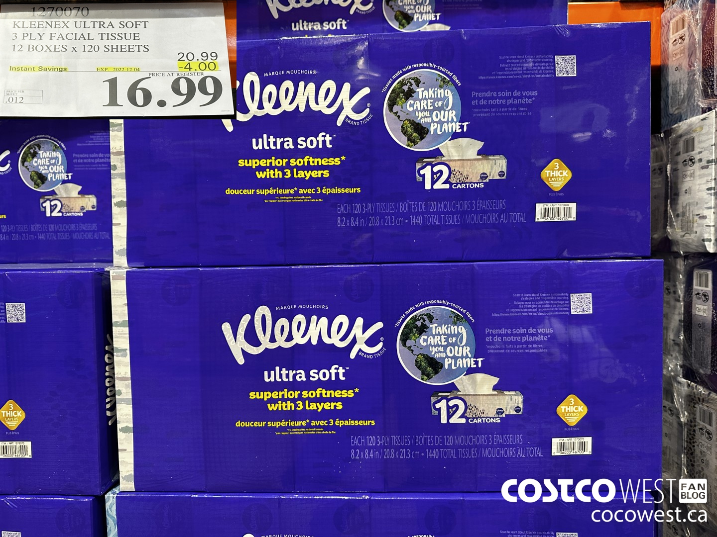 1270070 KLEENEX ULTRA SOFT 3 PLY FACIAL TISSUE 12 BOXES x 120 SHEETS ($4.00 INSTANT SAVINGS EXPIRES ON 2022-12-04) $16.99
