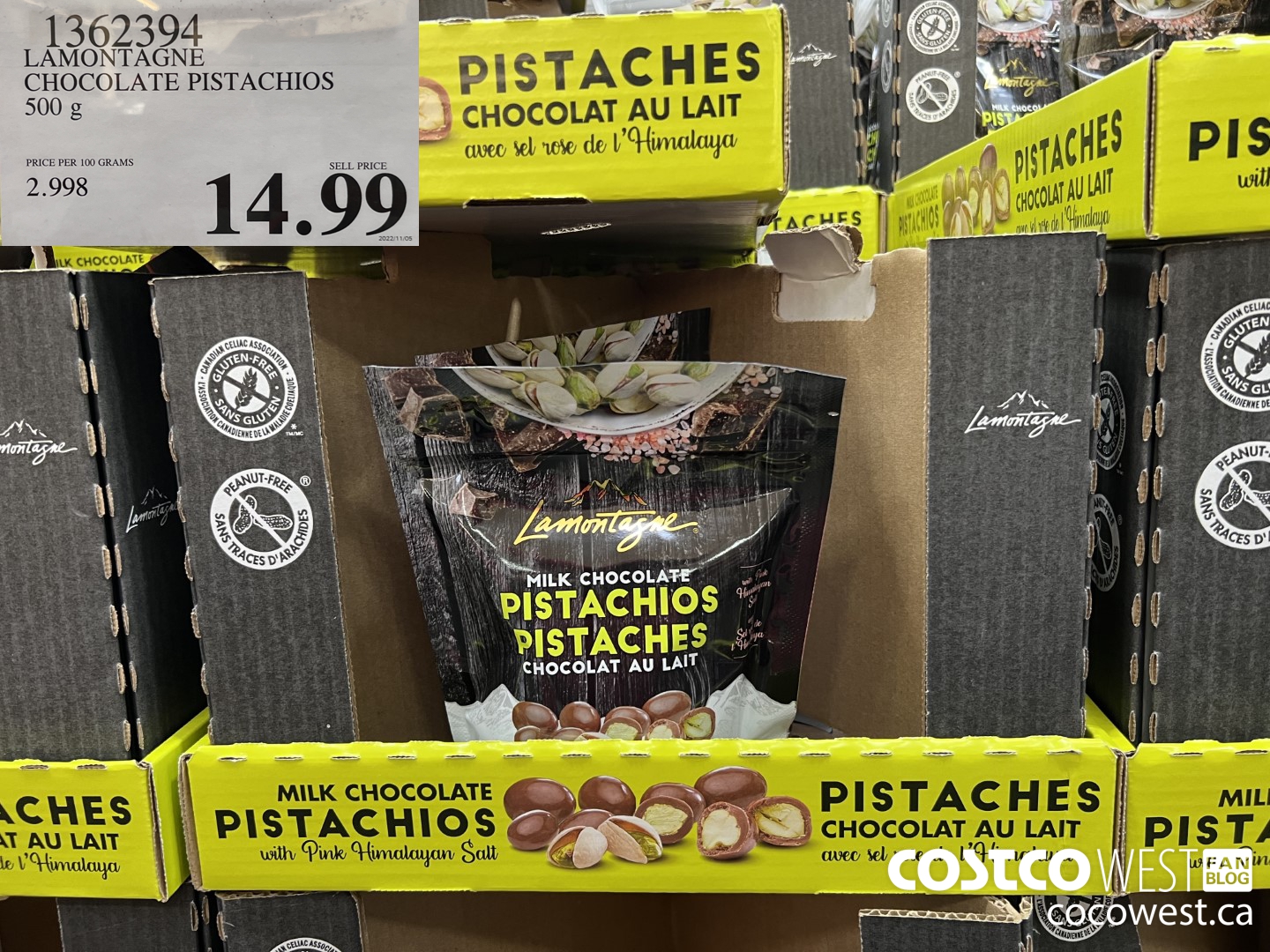 1362394 LAMONTAGNE CHOCOLATE PISTACHIOS 500 g $14.99