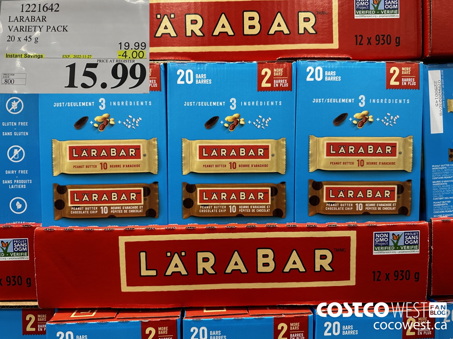 1221642 LARABAR VARIETY PACK 20 x 45 g ($4.00 INSTANT SAVINGS EXPIRES ON 2022-11-27) $15.99