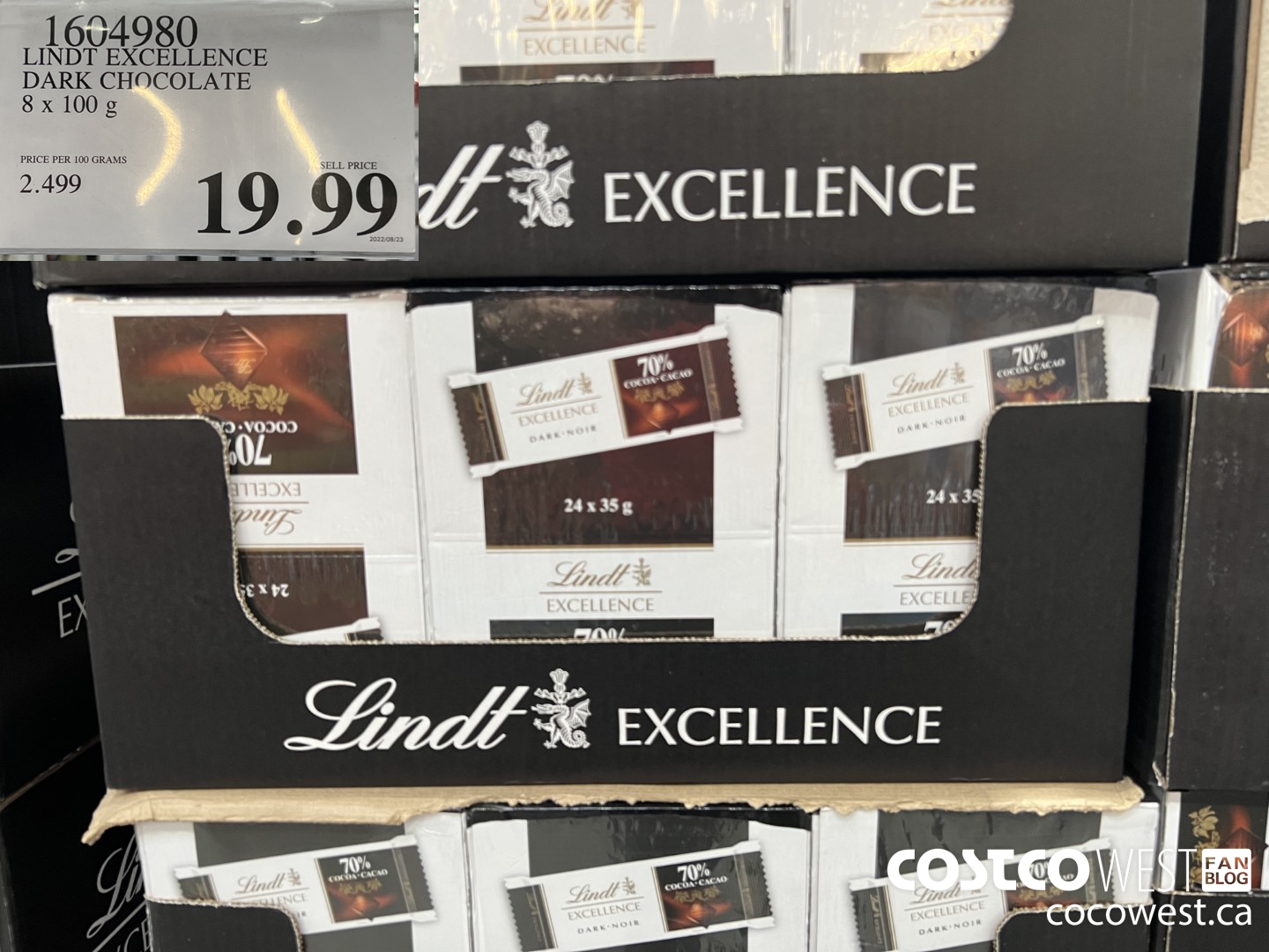 1604980 LINDT EXCELLENCE DARK CHOCOLATE 8 x 100 g $19.99