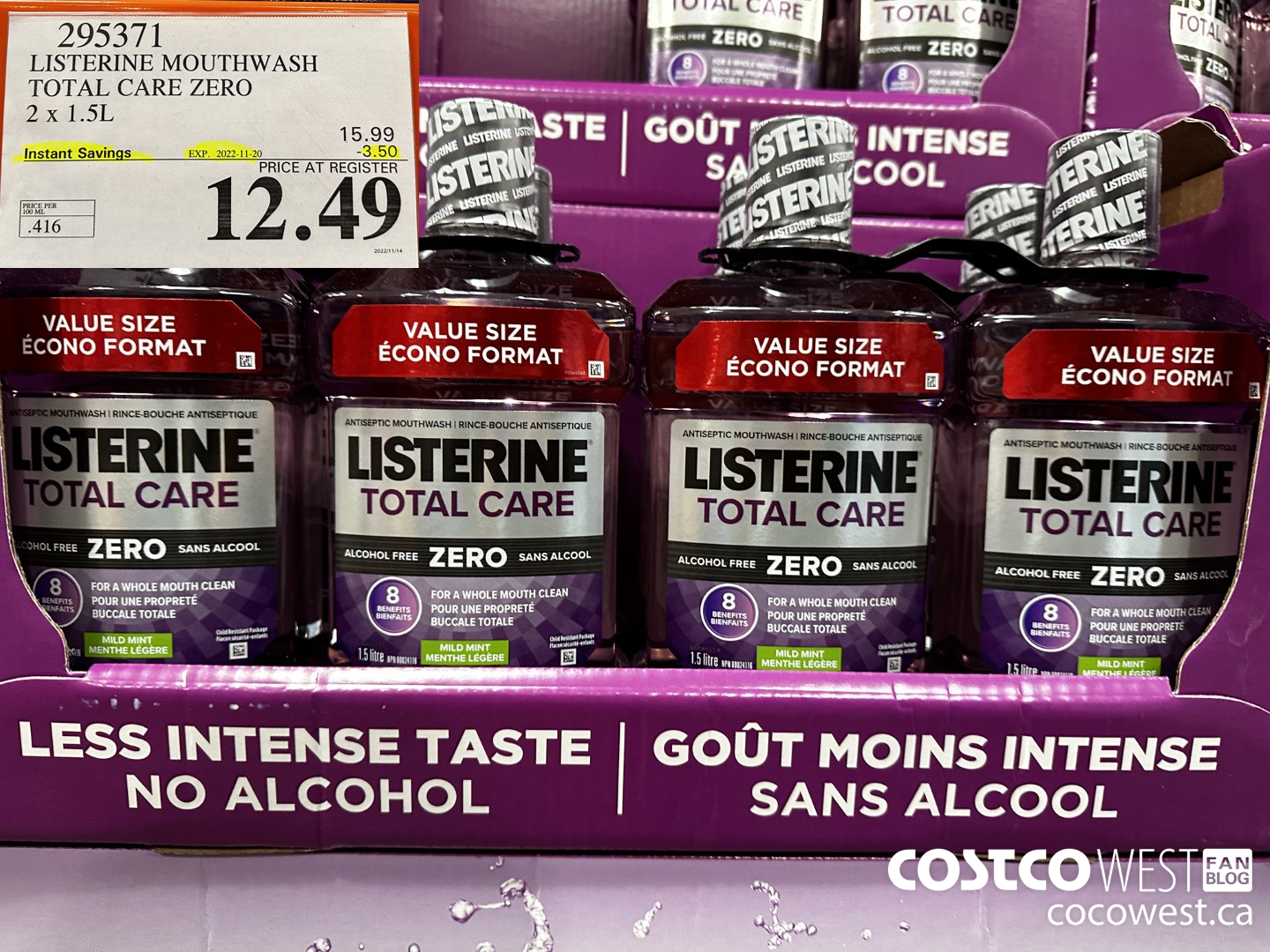 295371 LISTERINE MOUTHWASH TOTAL CARE ZERO 2 X 1.5L ($3.50 INSTANT SAVINGS EXPIRES ON 2022-11-20) $12.49