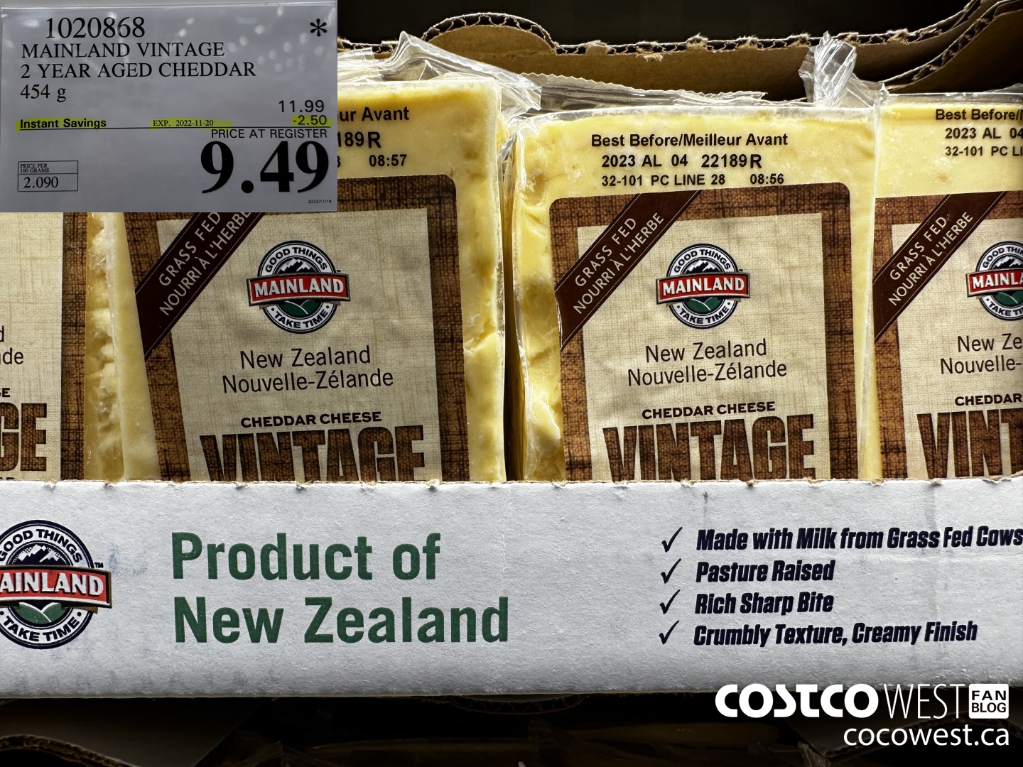 1020868 MAINLAND VINTAGE 2 YEAR AGED CHEDDAR 454 g ($2.50 INSTANT SAVINGS EXPIRES ON 2022-11-20) $9.49