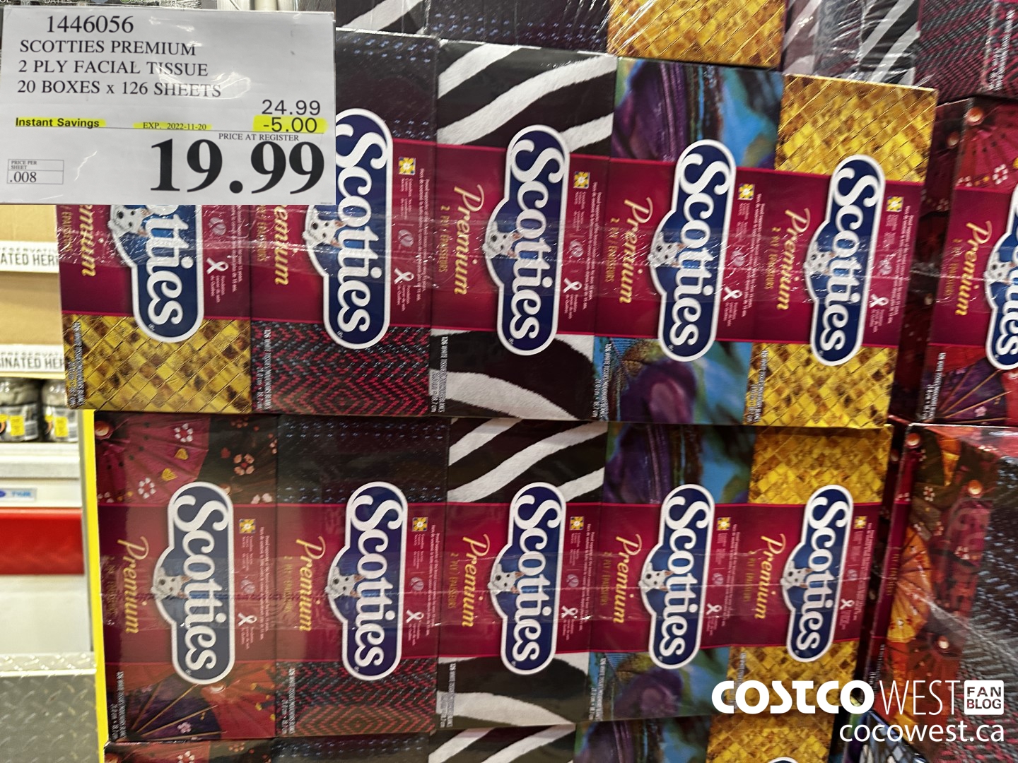 1446056 SCOTTIES PREMIUM 2 PLY FACIAL TISSUE 20 BOXES x 126 SHEETS ($5.00 INSTANT SAVINGS EXPIRES ON 2022-11-20) $19.99