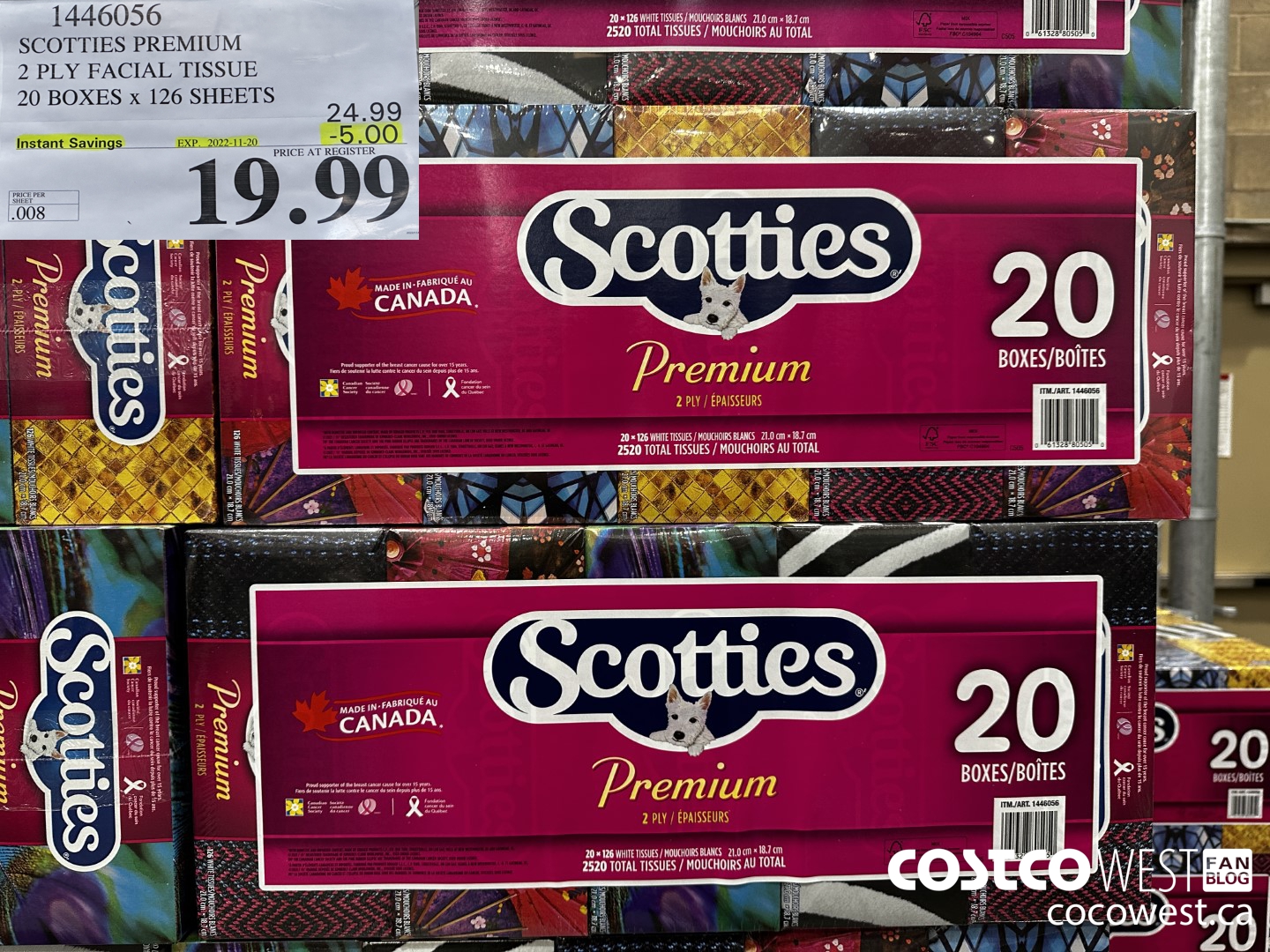 1446056 SCOTTIES PREMIUM 2 PLY FACIAL TISSUE 20 BOXES x 126 SHEETS ($5.00 INSTANT SAVINGS EXPIRES ON 2022-11-20) $19.99