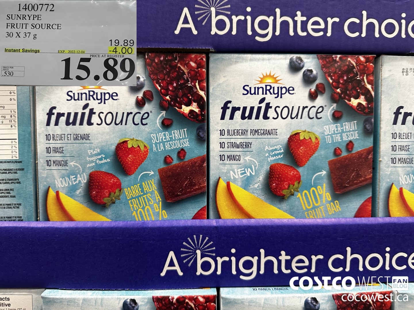 1400772 SUNRYPE FRUIT SOURCE 30 X 37 G ($4.00 INSTANT SAVINGS EXPIRES ON 2022-12-04) $15.89